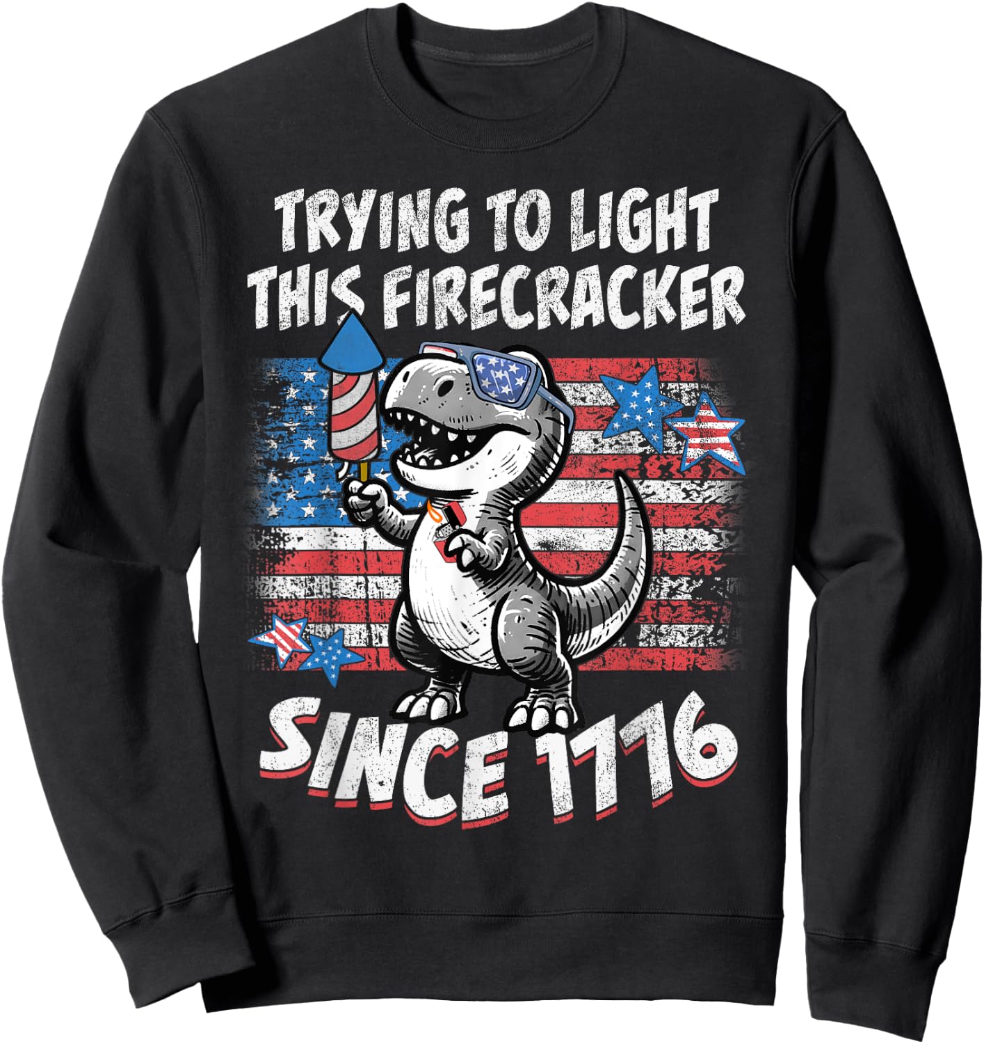 Funny Dino American Flag Firework T Rex Dinosaur 4th of July Sweatshirt - Sweatshirt | Black