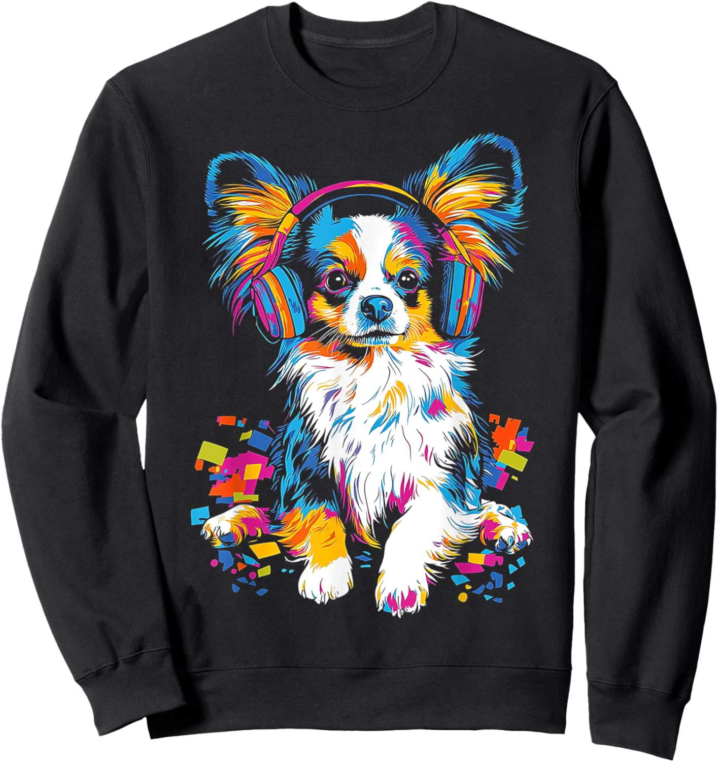 Papillon Dog Motif Pet Artwork Music Headphone Papillon Sweatshirt - Sweatshirt | Black
