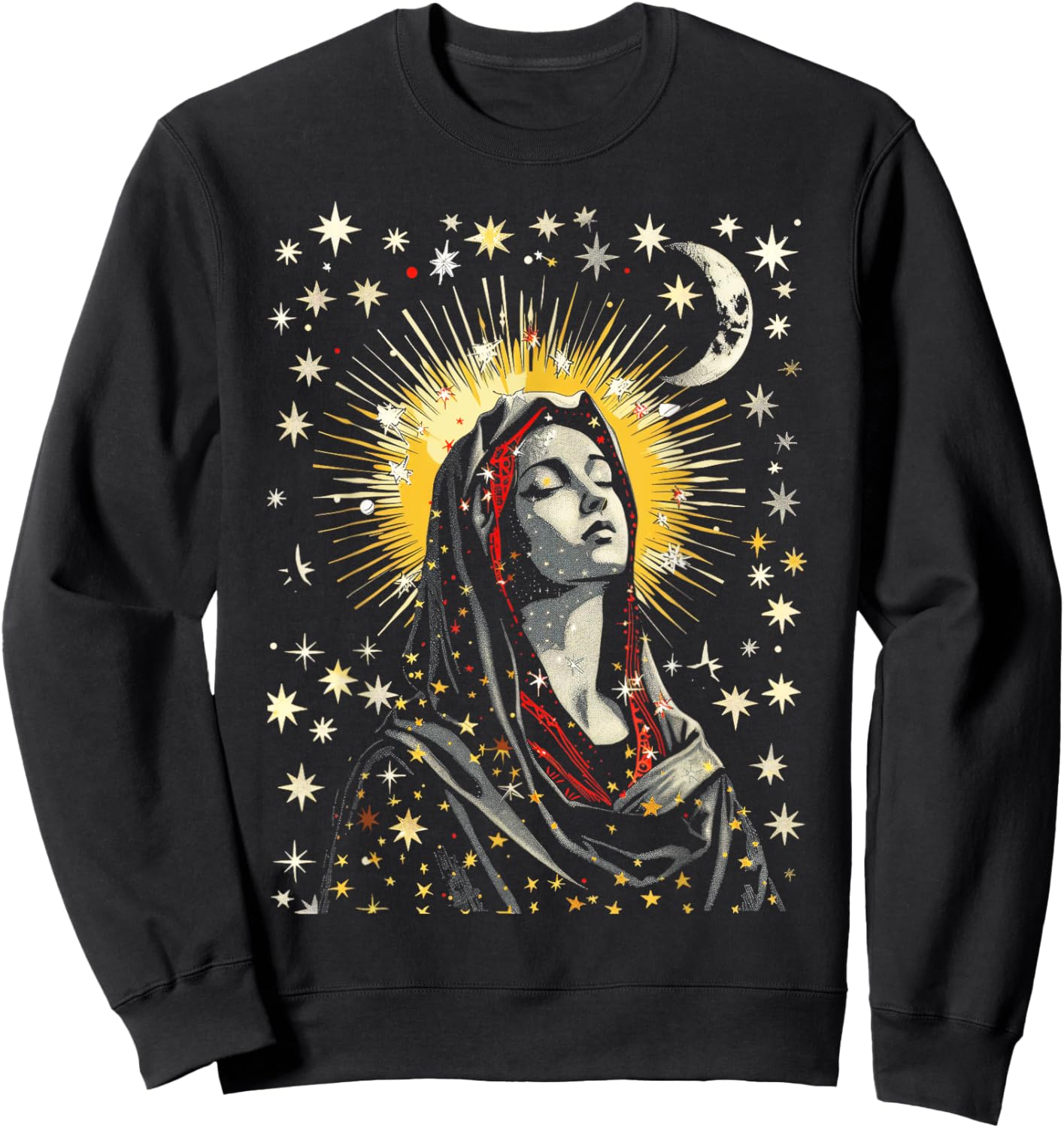 Virgin Mary Stars Moon Religious Saint Catholic Sweatshirt - Sweatshirt | Black