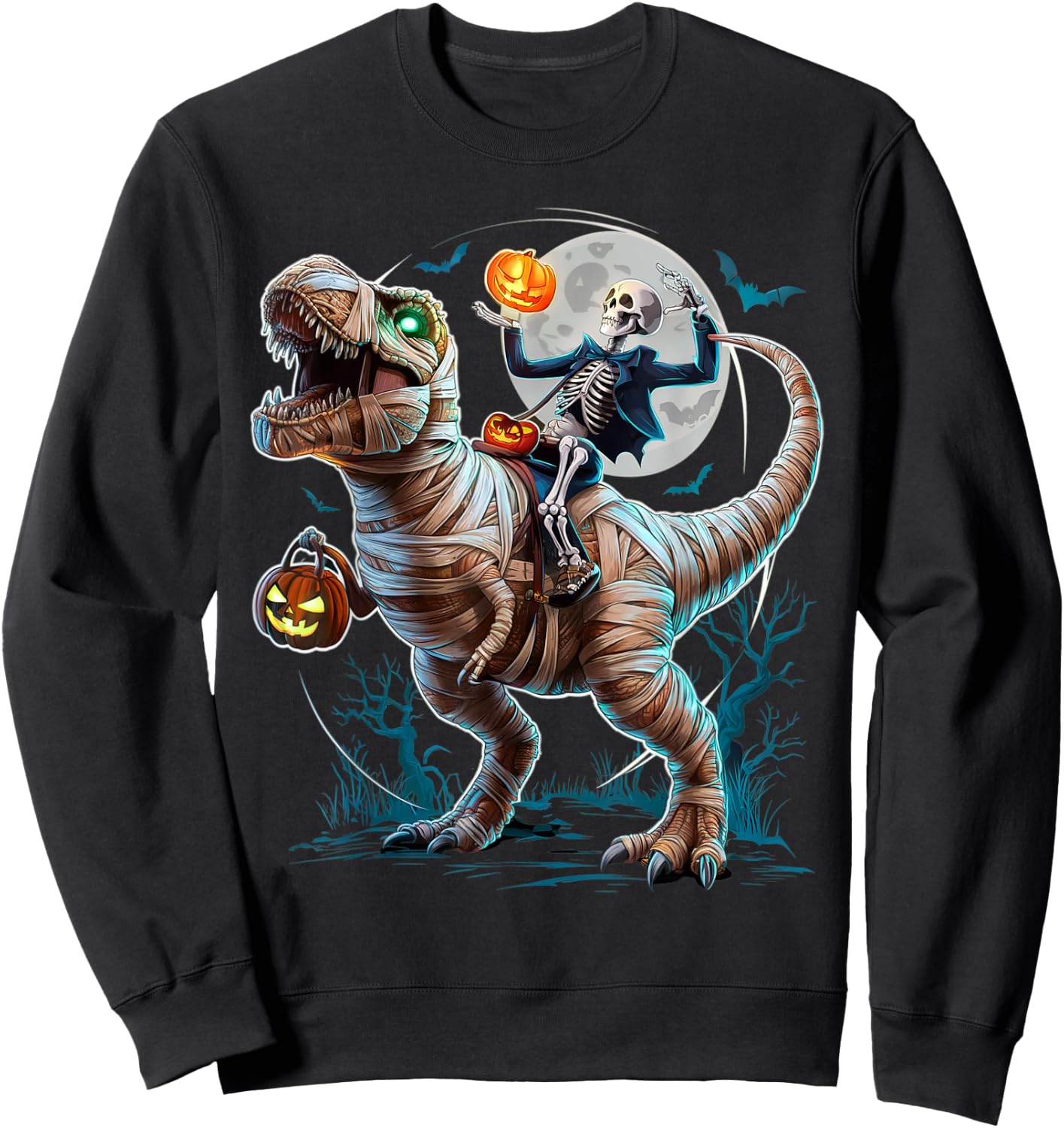 Skeleton Riding Mummy Pumpkin T Rex Dinosaur Funny Halloween Sweatshirt - Sweatshirt | Black