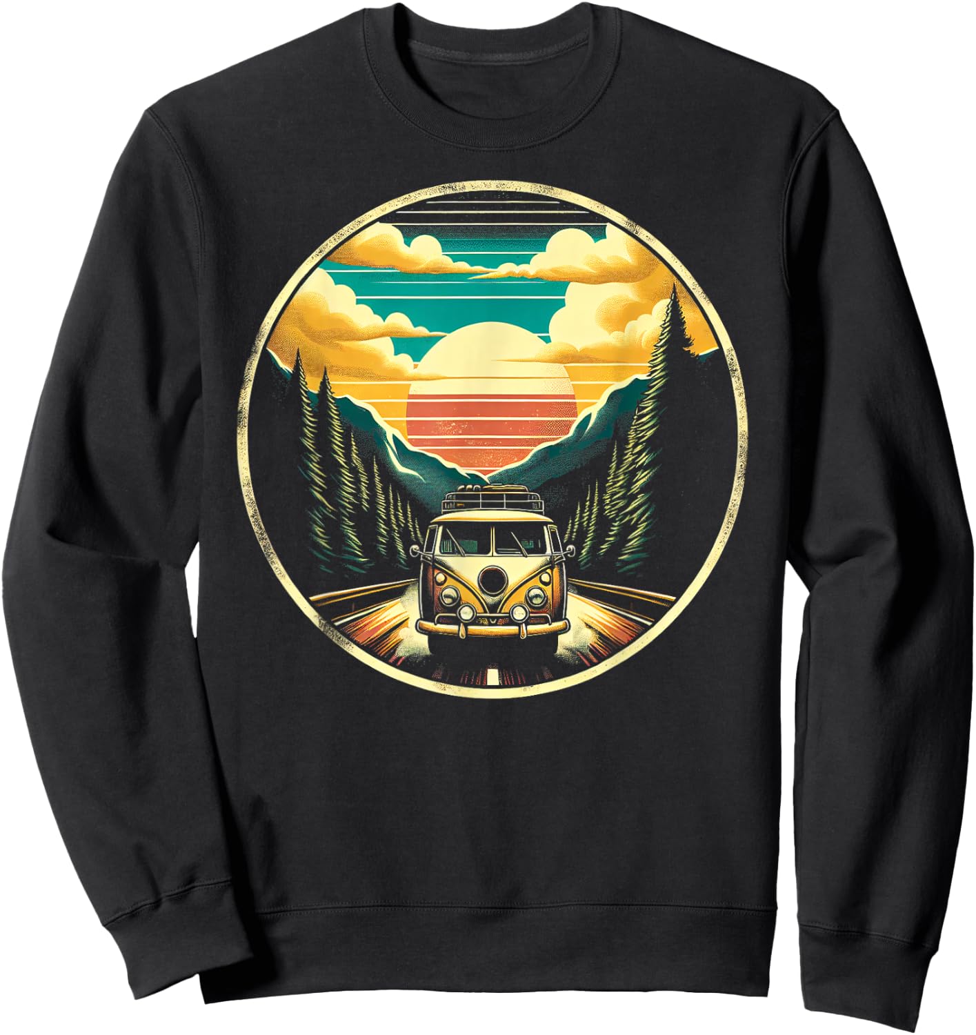 Wanderlust Wonders Retro Van Scenic Adventure , Small, Black Sweatshirt - Sweatshirt | Black