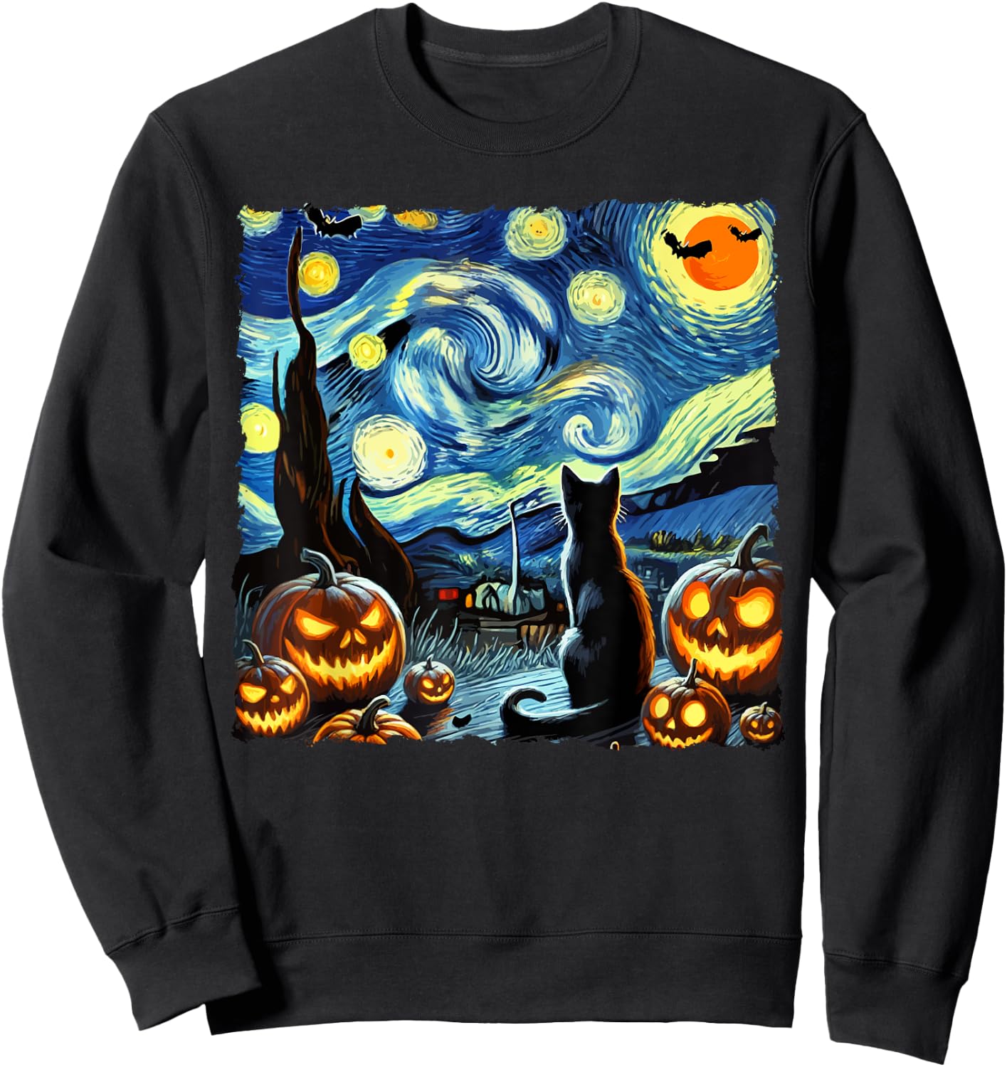 Halloween Van Gogh Starry Night Black Cat Men Women Kids Sweatshirt - Sweatshirt | Black