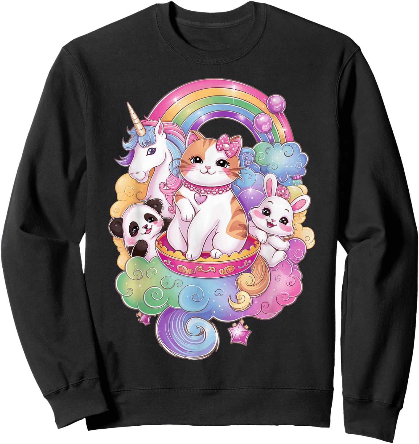 Cute Kawaii Cat Unicorn Panda Bunny Rainbow Anime Teen Kids Sweatshirt - Sweatshirt | Black