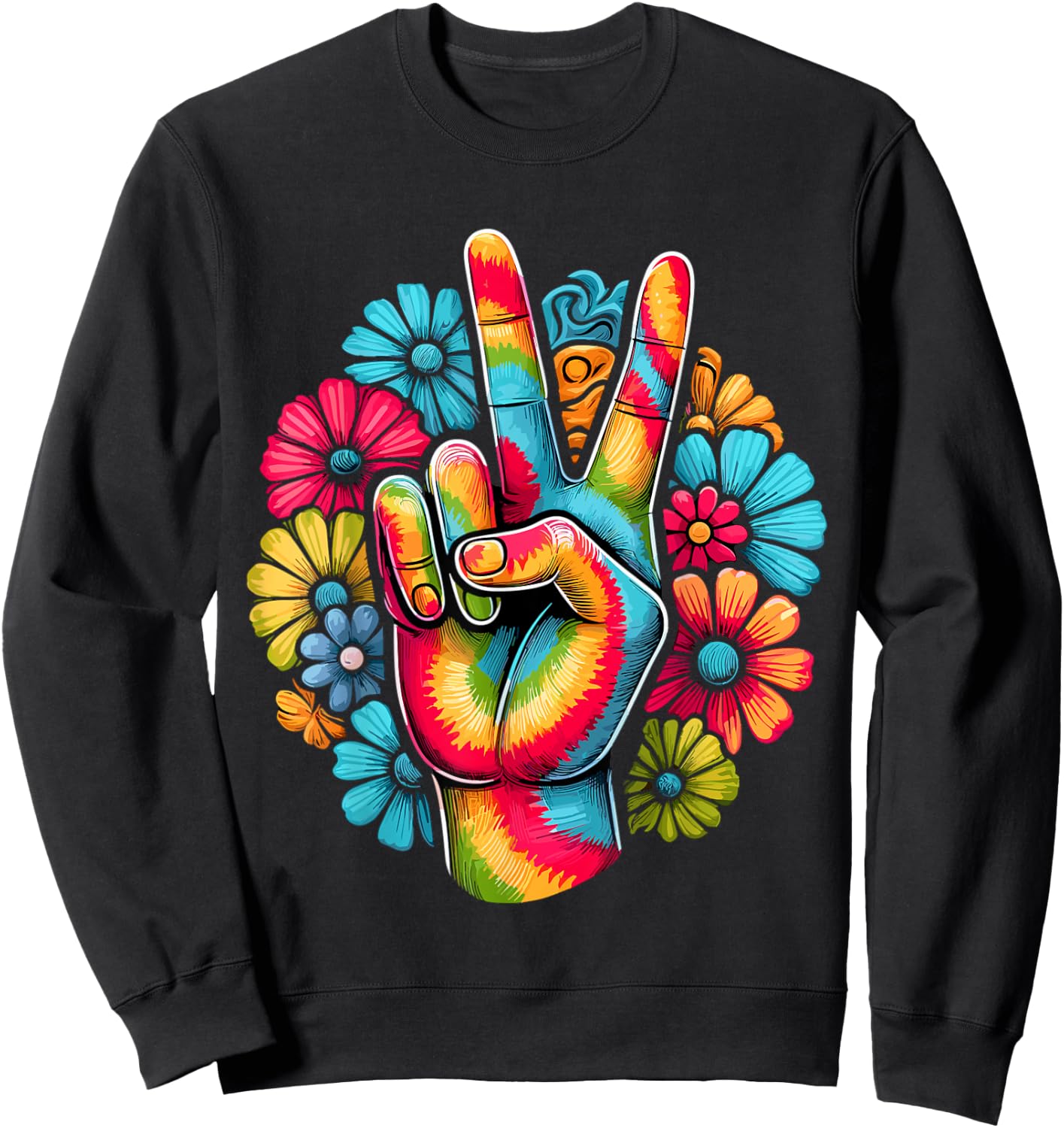 Love and Peace Tie Dye Flower Hippie Sweatshirt - Sweatshirt | Black