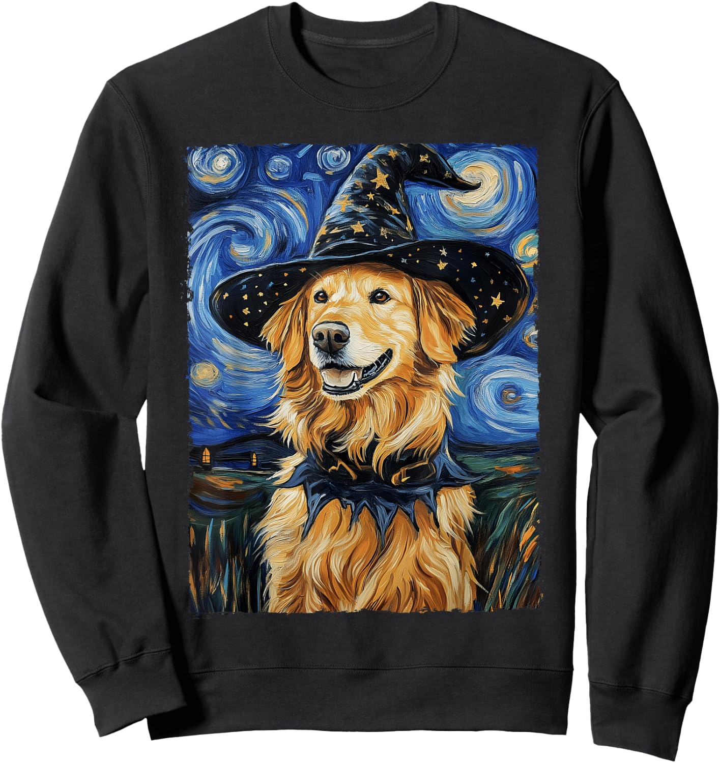 Golden Retriever Witch Costume Painting Starry Night Dog Women Kids Sweatshirt - Sweatshirt | Black
