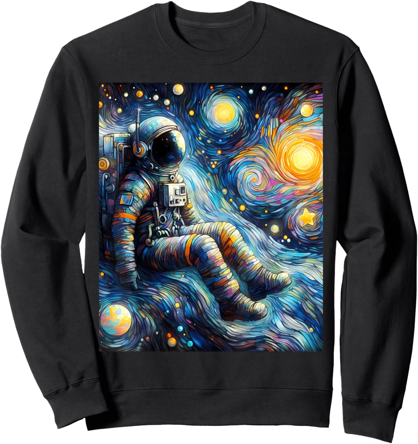 Astronaut Space Planets Starry Night Painting Sweatshirt - Sweatshirt | Black