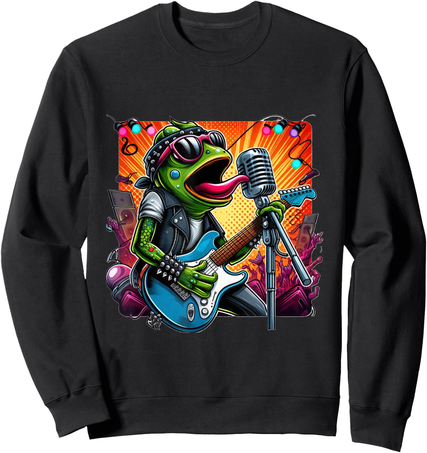 Punk Rock Star Frog Shredding Electric Guitar Vibrant Lights Sweatshirt - Sweatshirt | Black