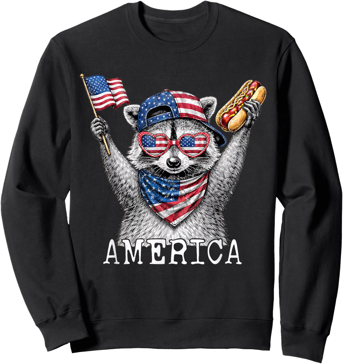 America Raccoon Holding A Hot Dog Patriotic American Flag Sweatshirt - Sweatshirt | Black