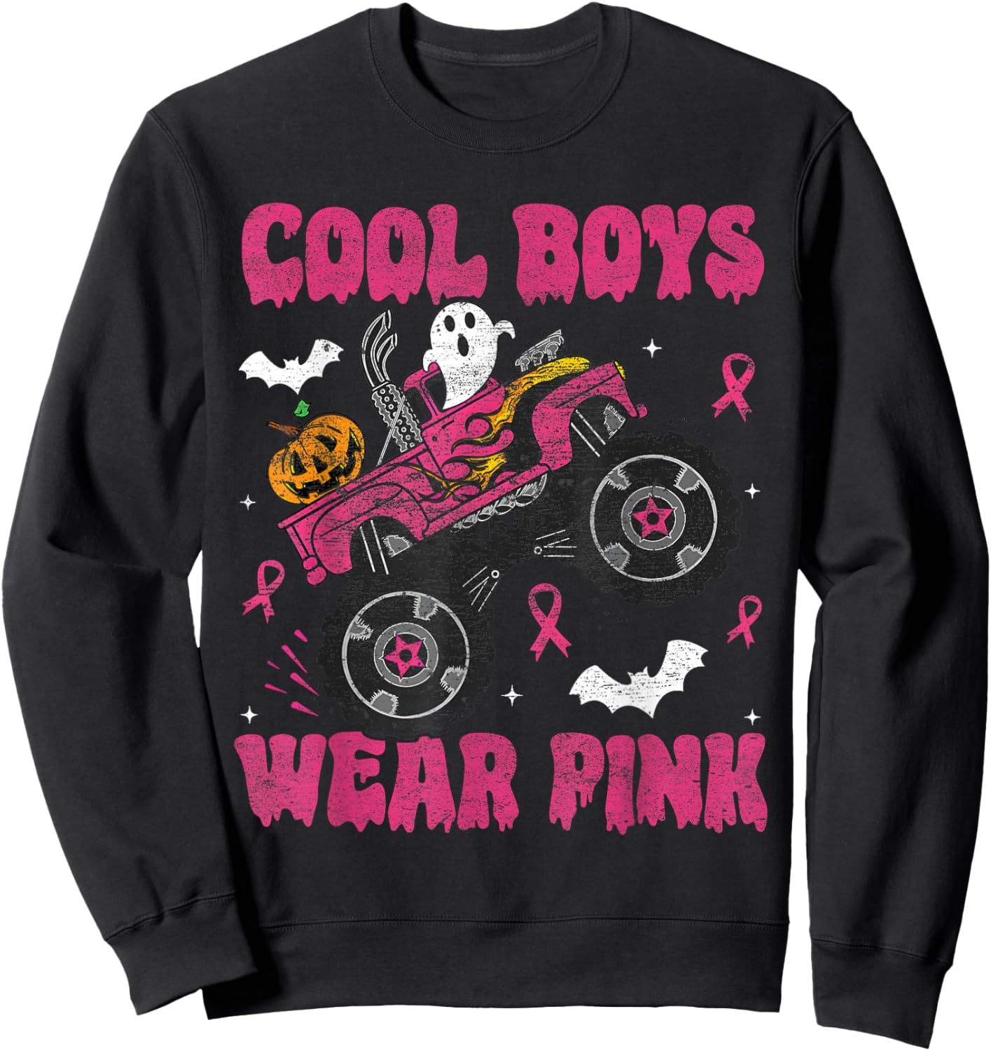 Cool Boys Wear Pink Monster Truck Halloween Breast Cancer Sweatshirt - Sweatshirt | Black