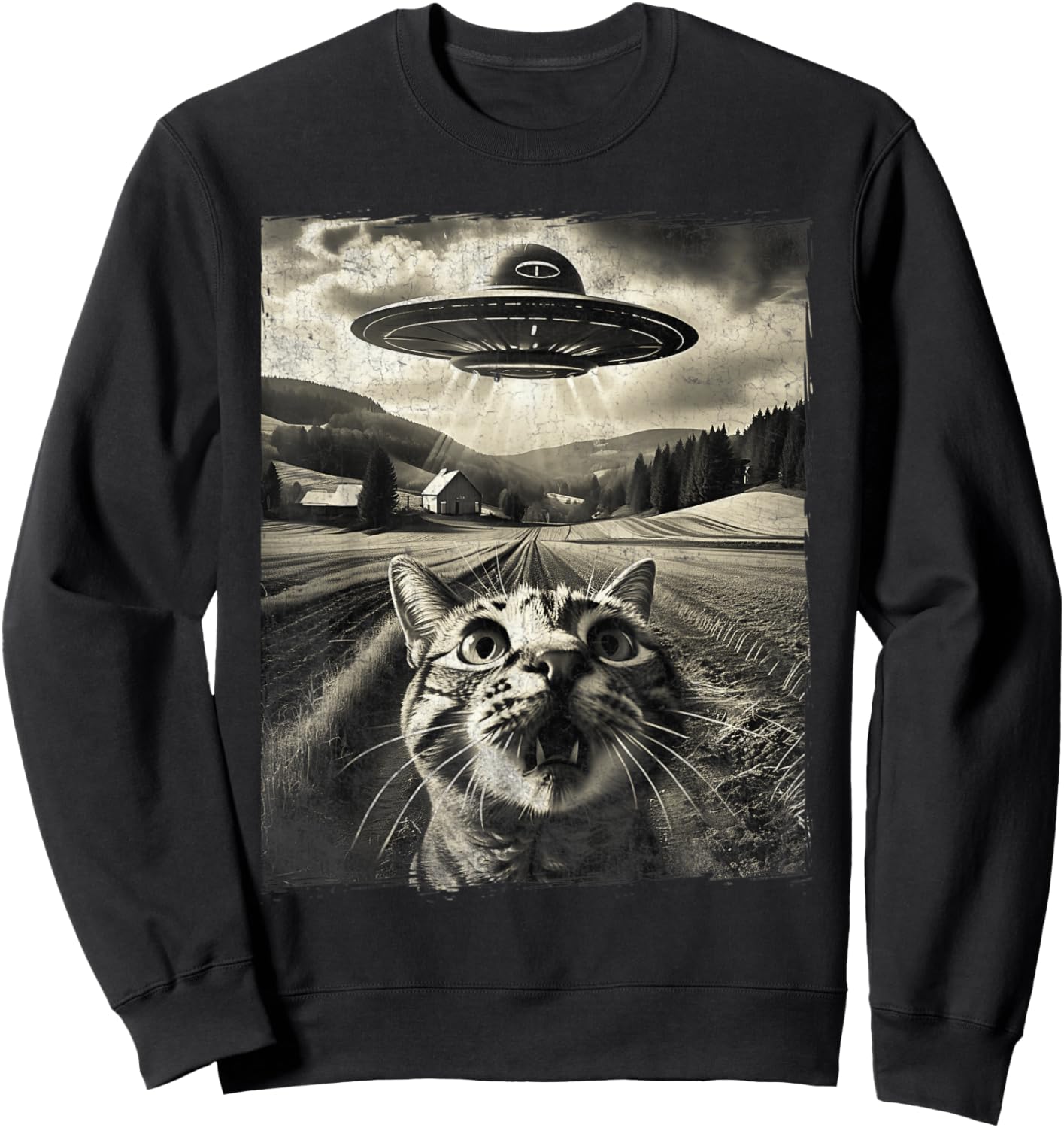 Cat Selfie With UFO Alien Funny Cat Gifts Men Women Kid Boys Sweatshirt - Sweatshirt | Black