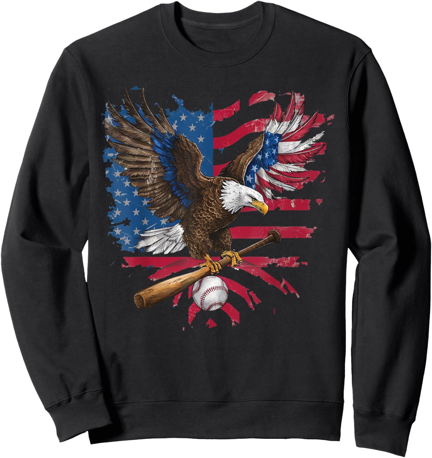 American Flag Baseball Player Bat Fan Catcher Pitcher USA Women Kids Men Sweatshirt - Sweatshirt | Black