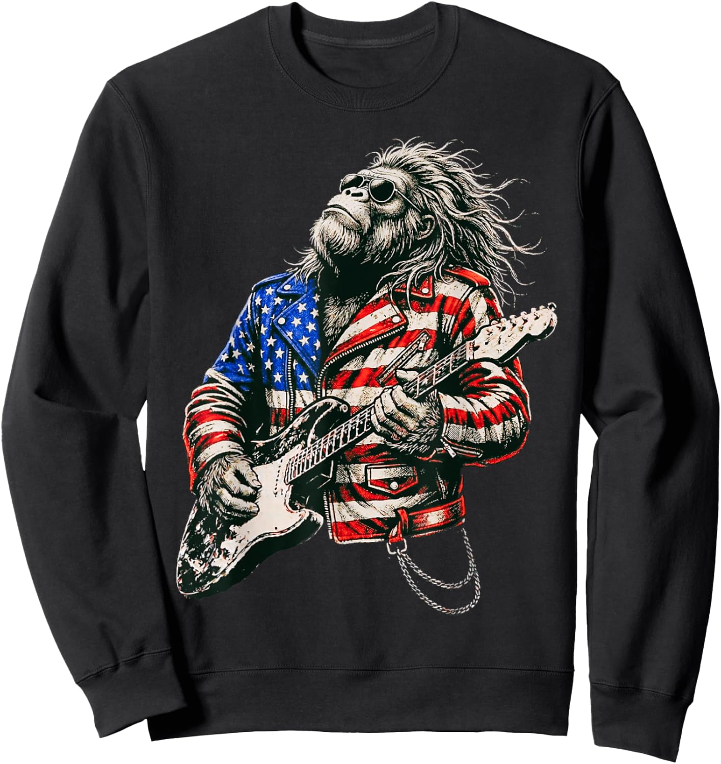 Vintage Guitar Playing Patriotic American Sasquatch Sweatshirt - Sweatshirt | Black