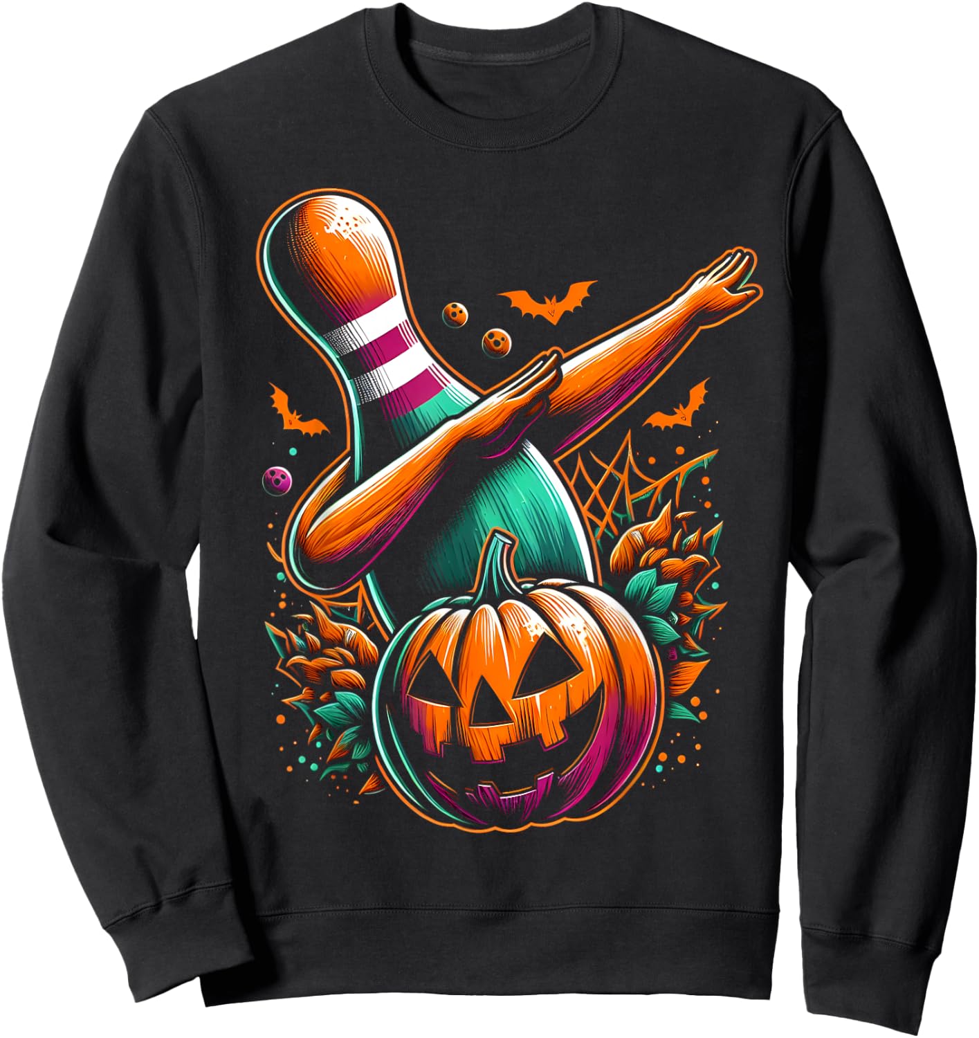 Dabbing Bowling Pin Pumpkin Spooky Halloween Bowling Costume Sweatshirt - Sweatshirt | Black
