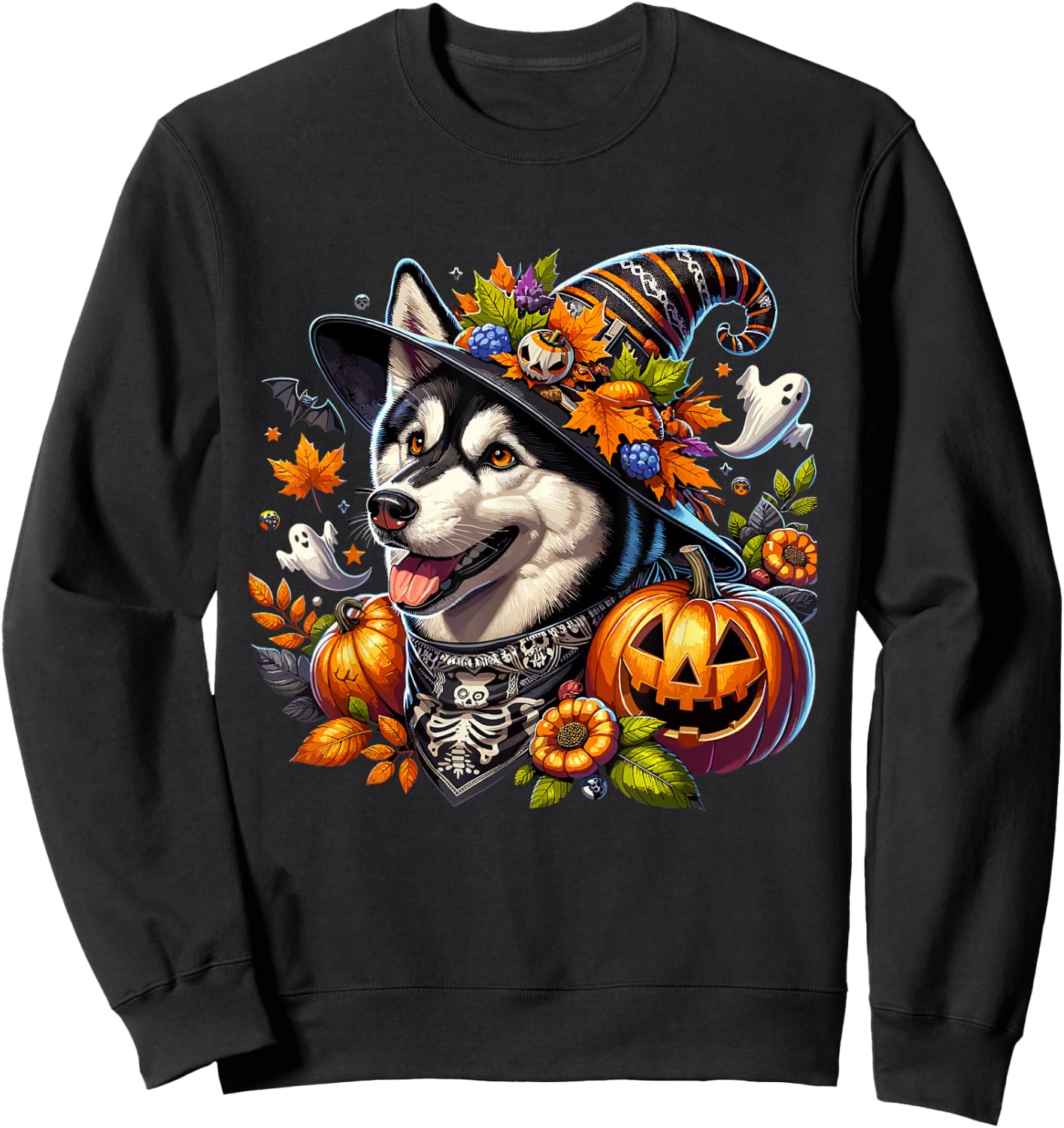 Halloween Siberian Husky Fall Leaves Autumn Pumpkin Ghost Sweatshirt - Sweatshirt | Black