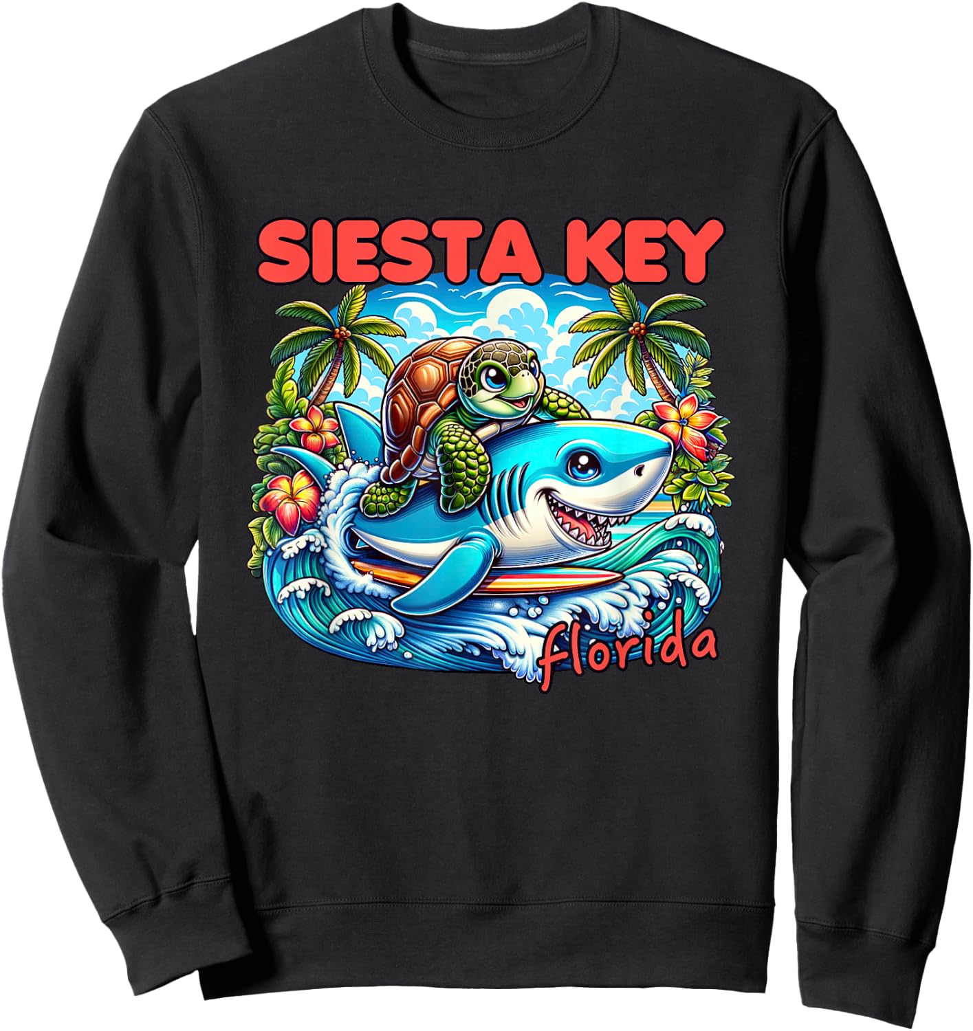 Siesta Key Florida Beach Turtle and Shark Sweatshirt - Sweatshirt | Black