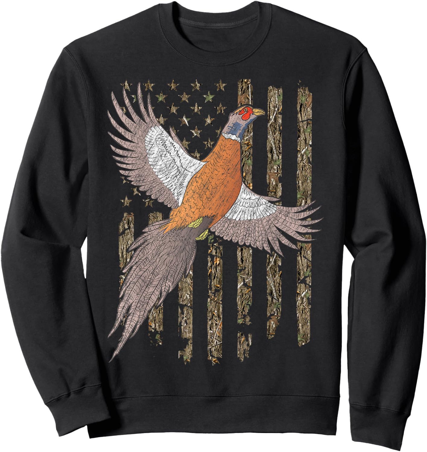 Pheasant Bird Hunting Usa American Flag Tree Camouflage Sweatshirt - Sweatshirt | Black
