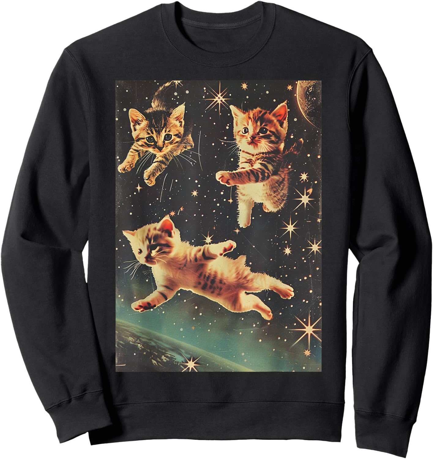 Funny Cat Kittens in Space Cute Retro Art Vintage Sweatshirt - Sweatshirt | Black
