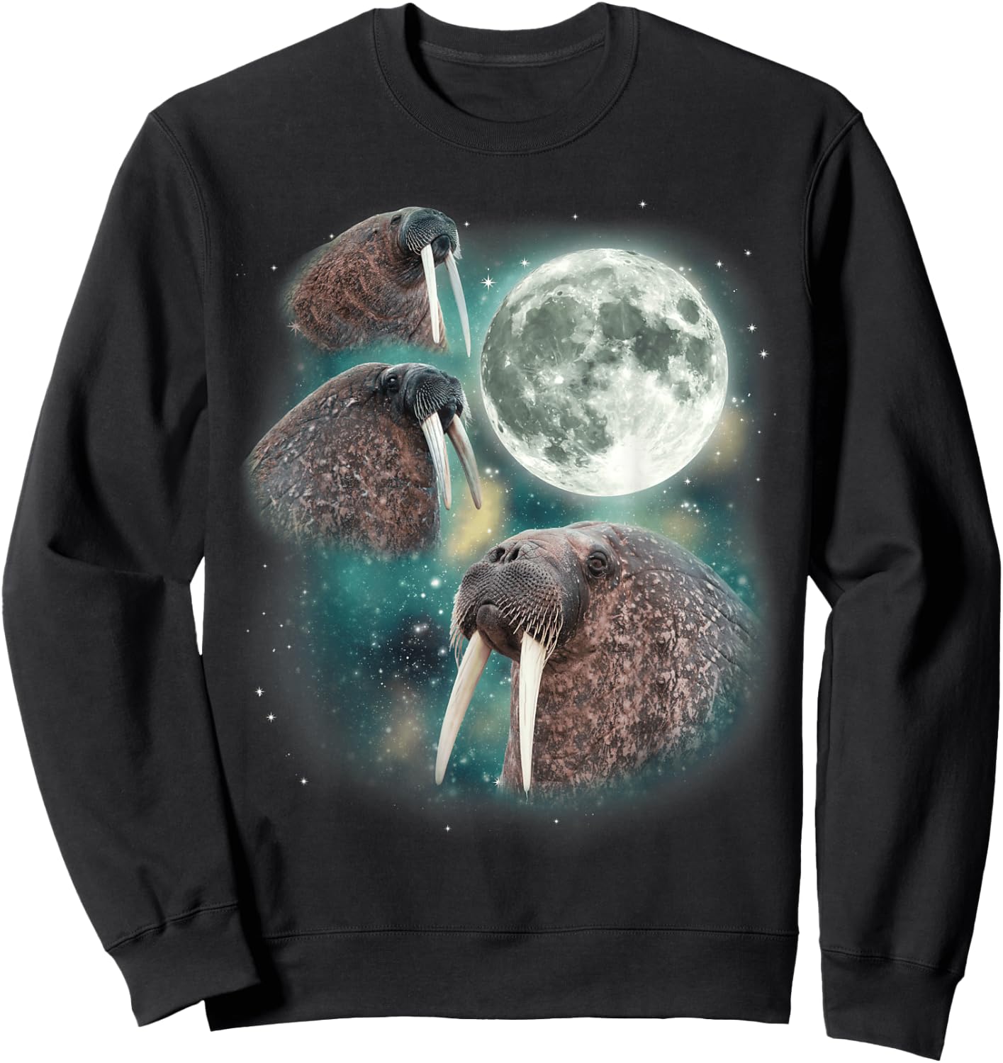 Three Walrus Moon | 3 Howling Walruses Pinniped Moon Parody Sweatshirt - Sweatshirt | Black