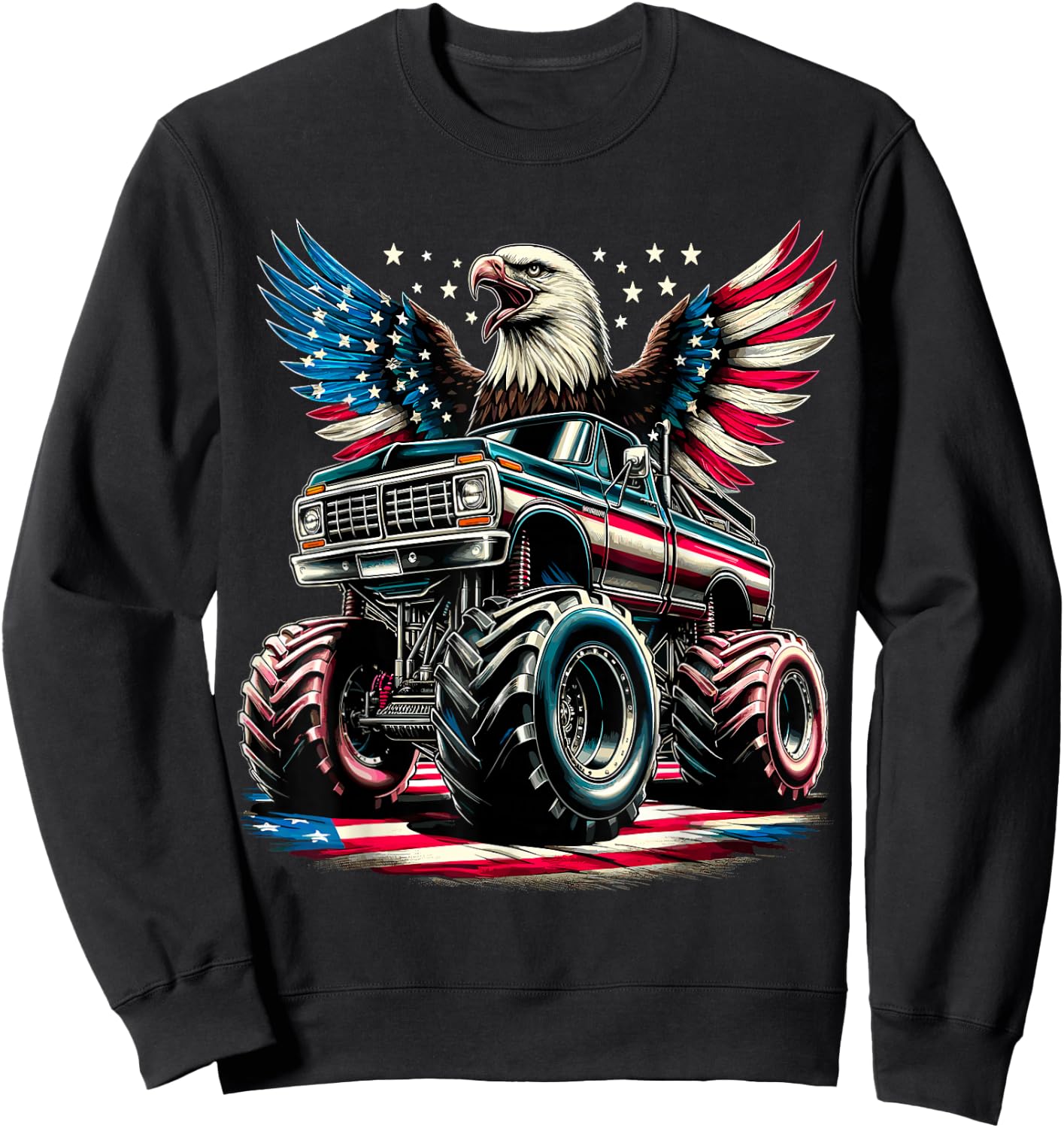 4th of July Boys Monster Truck Bald Eagle American Flag USA Sweatshirt - Sweatshirt | Black