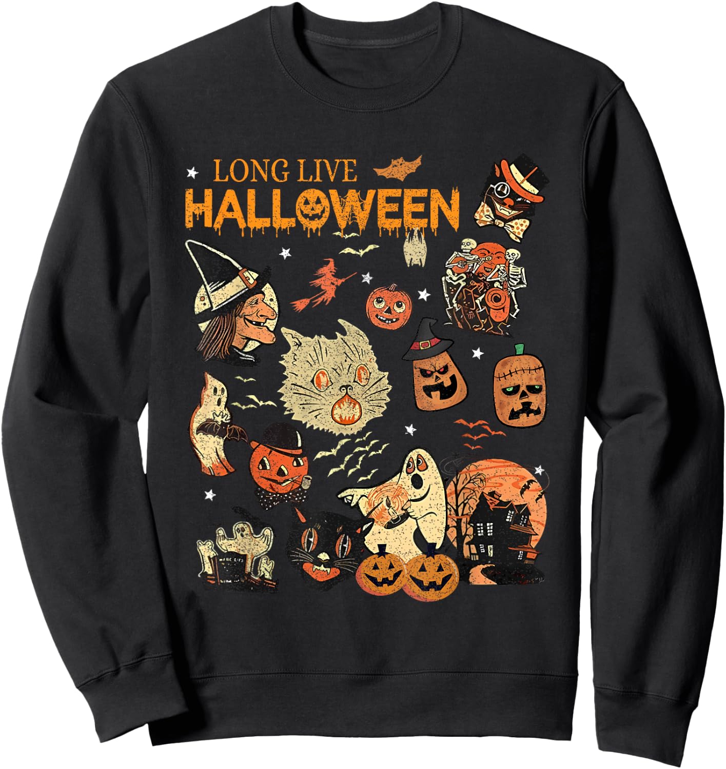 Long Live Halloween Vintage Pumpkin Witch Ghost Black Cat Men Women Kids Sweatshirt - Sweatshirt | Black