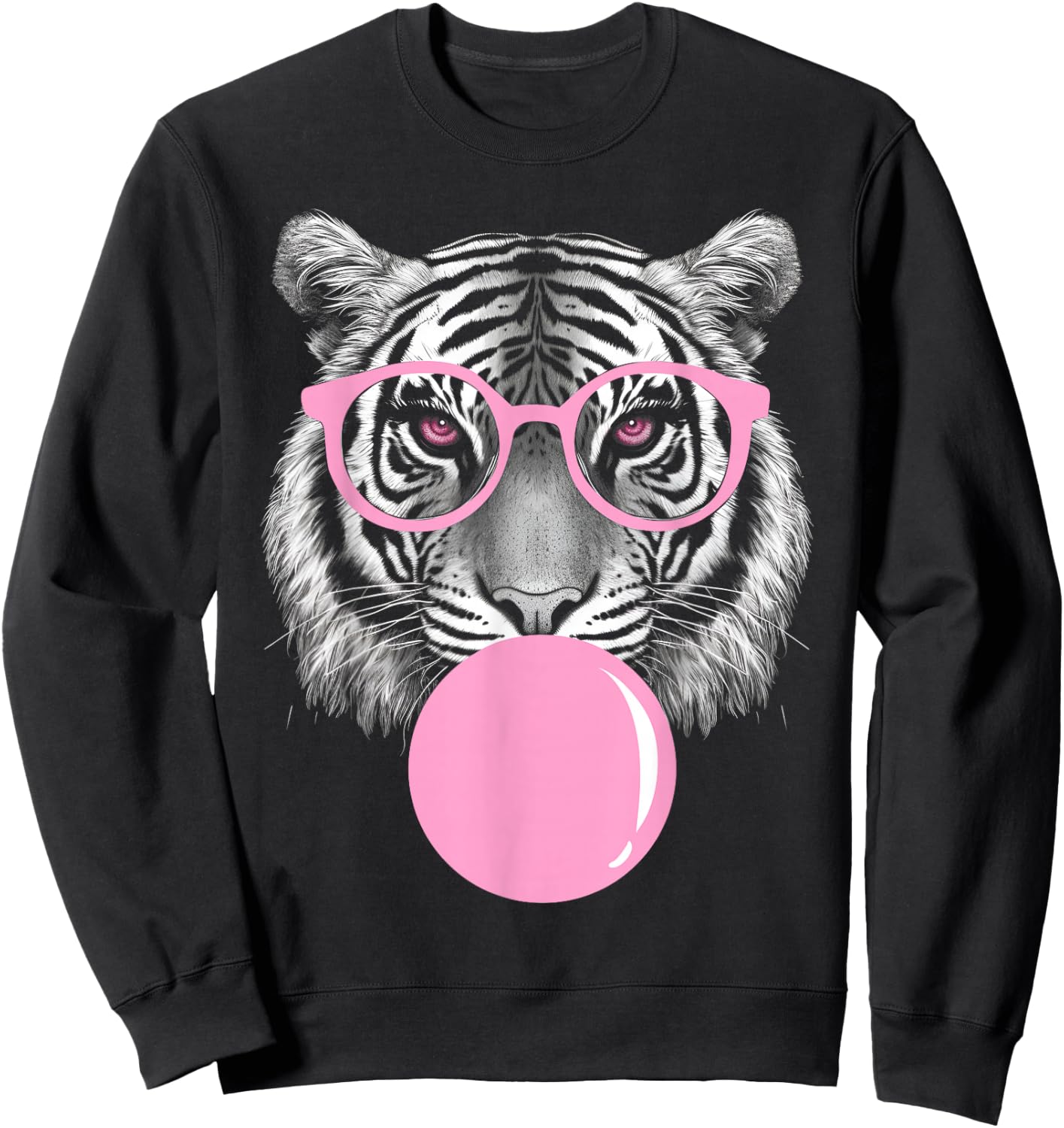 Funny Tiger Wearing Glasses and Blowing Pink Bubble Gum Sweatshirt - Sweatshirt | Black