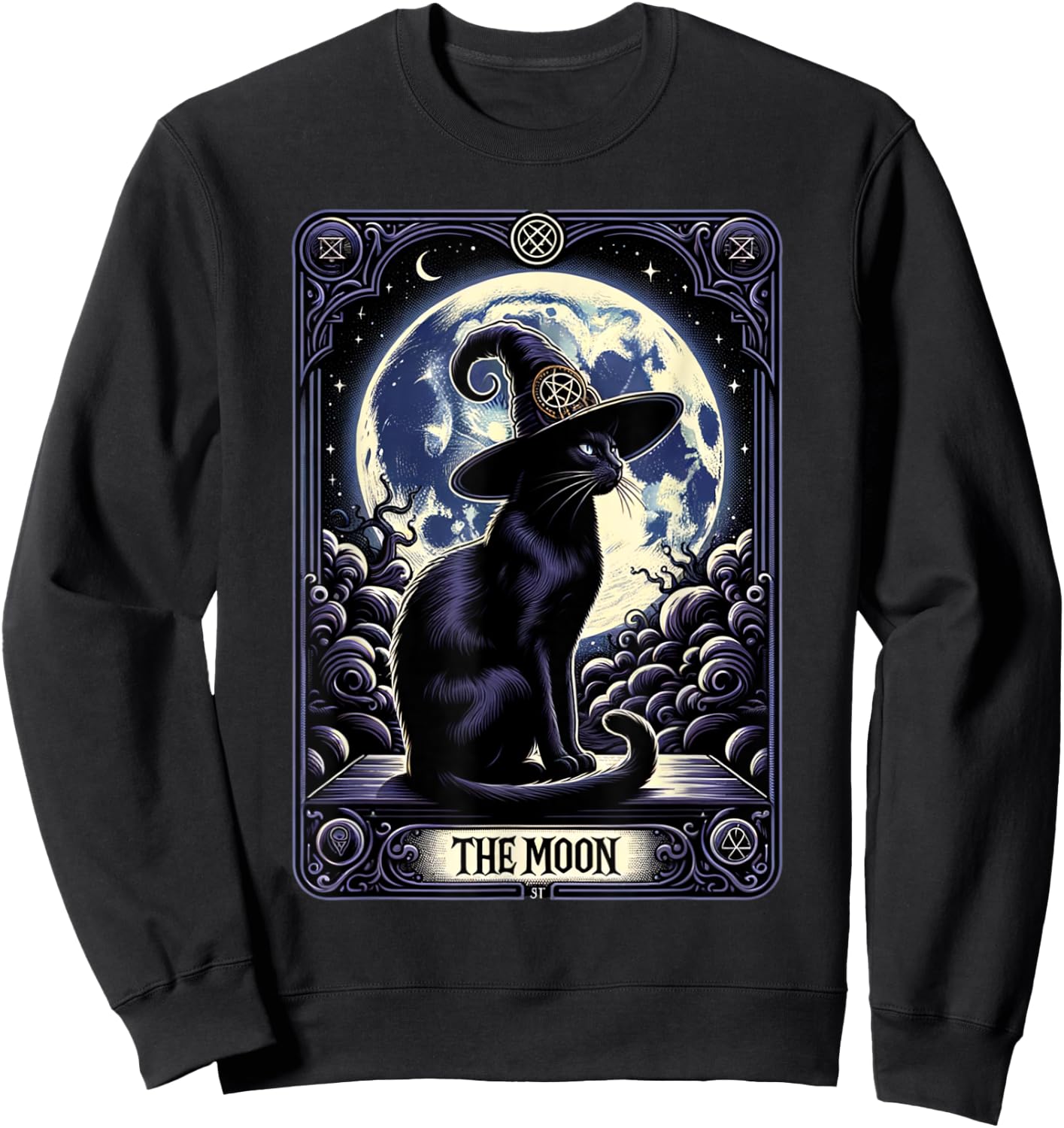 Vintage Tarot Card Style Crescent Moon & Witch Hat Black Cat Men Women Sweatshirt - Sweatshirt | Black