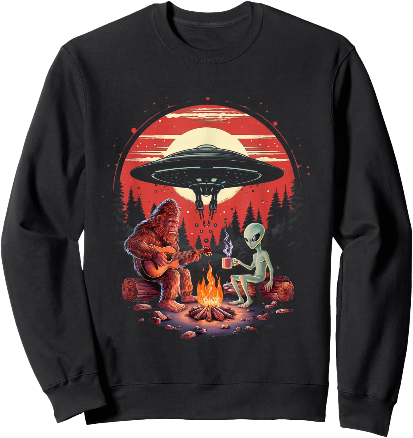 Alien And Bigfoot Campfire Sasquatch UFO For Outdoor Lovers Sweatshirt - Sweatshirt | Black