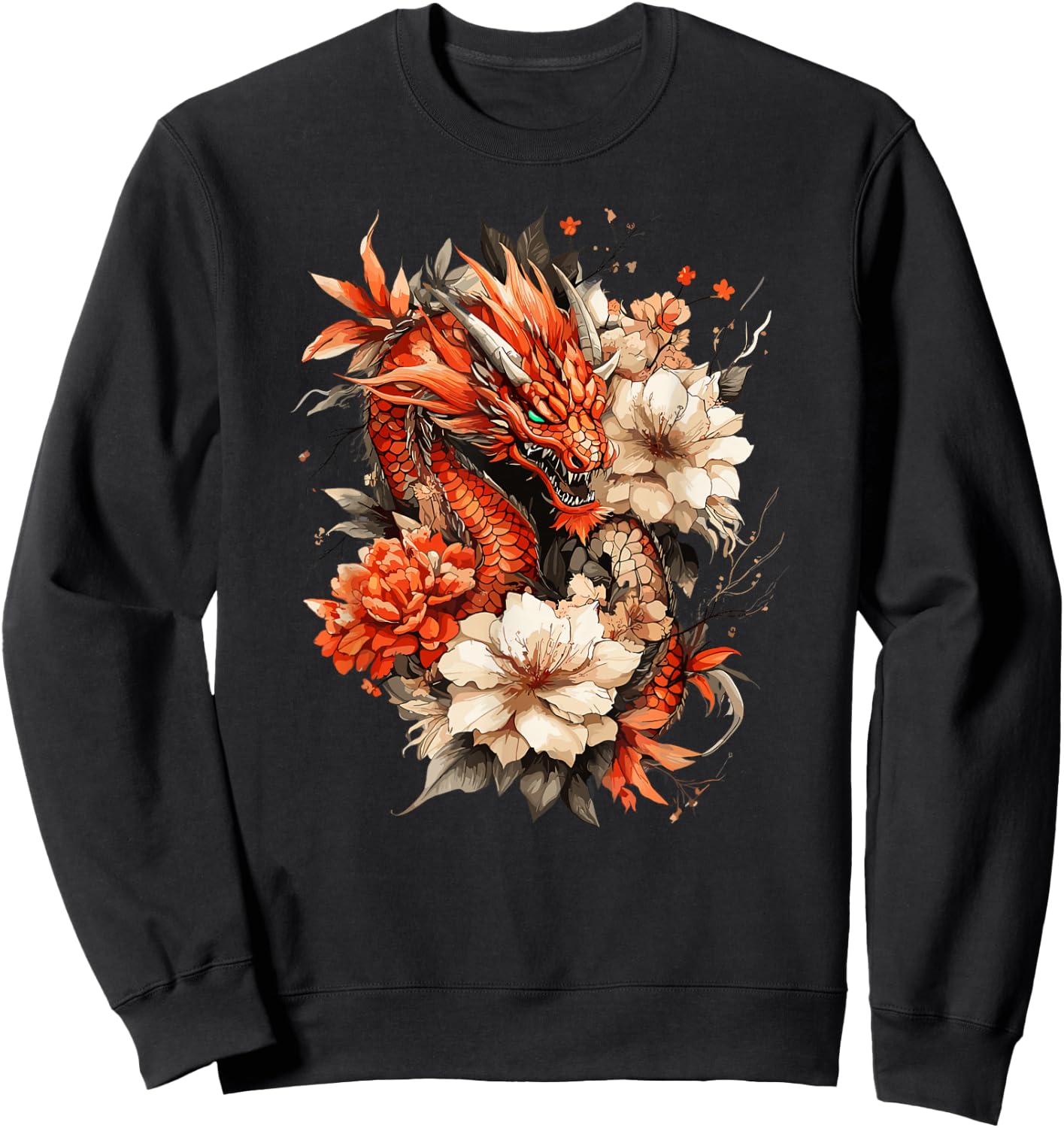 Crimson Serpent and Peony Bloom Asian Myth Motif Sweatshirt - Sweatshirt | Black