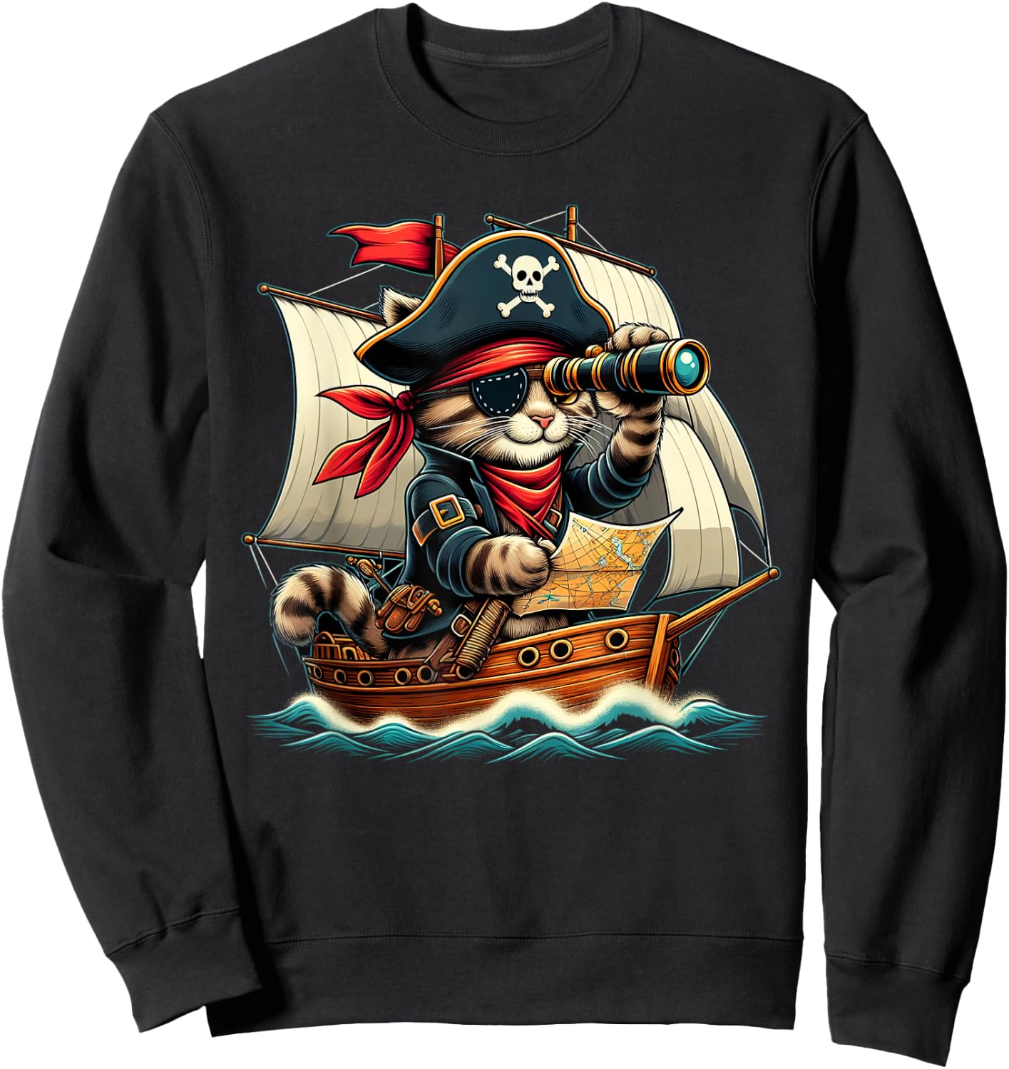 Funny Pirate Cat Adventure Halloween Cat Lover Men Women Sweatshirt - Sweatshirt | Black