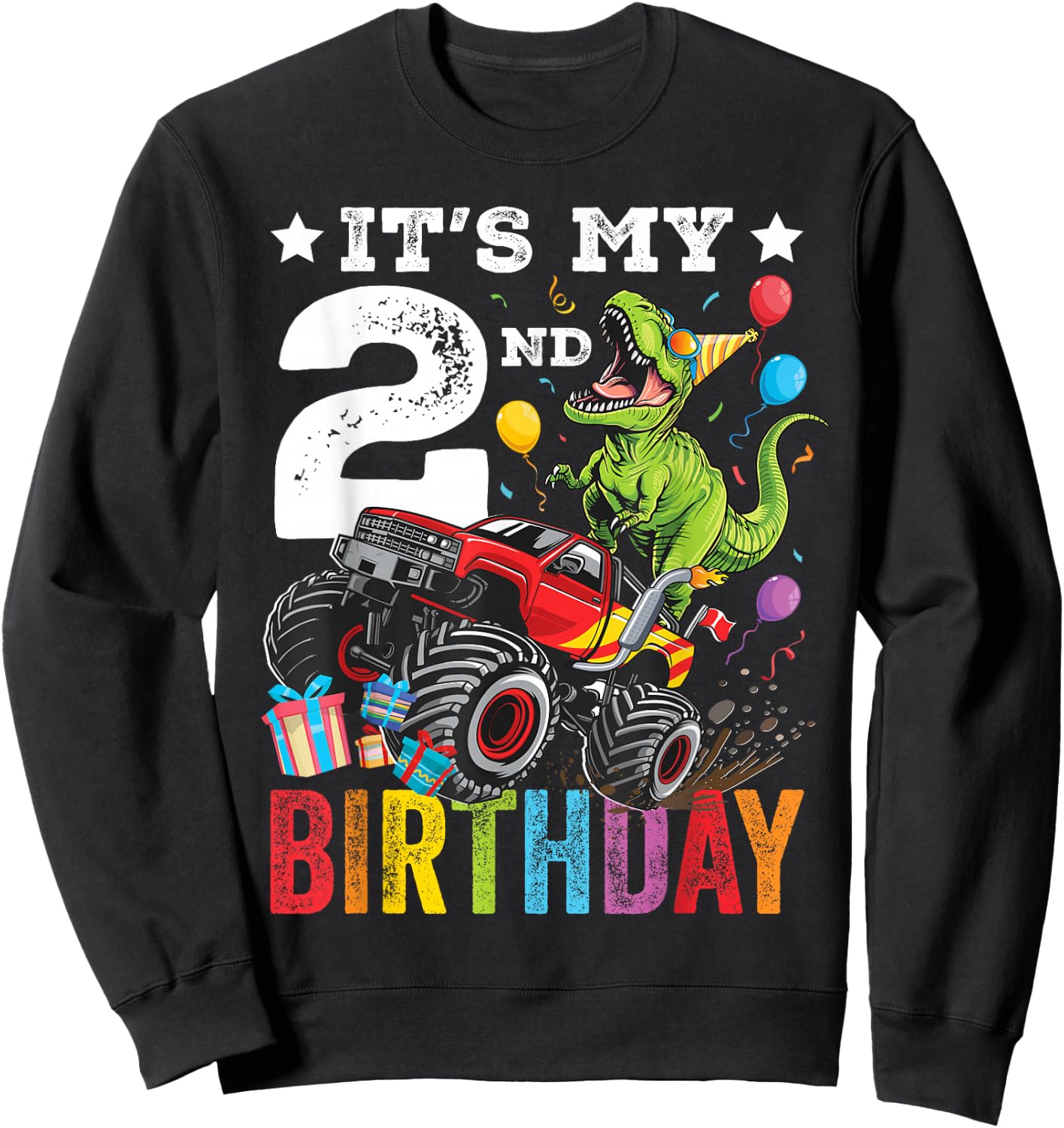 Two 2nd Birthday Dinosaur Monster Truck Sweatshirt - Sweatshirt | Black