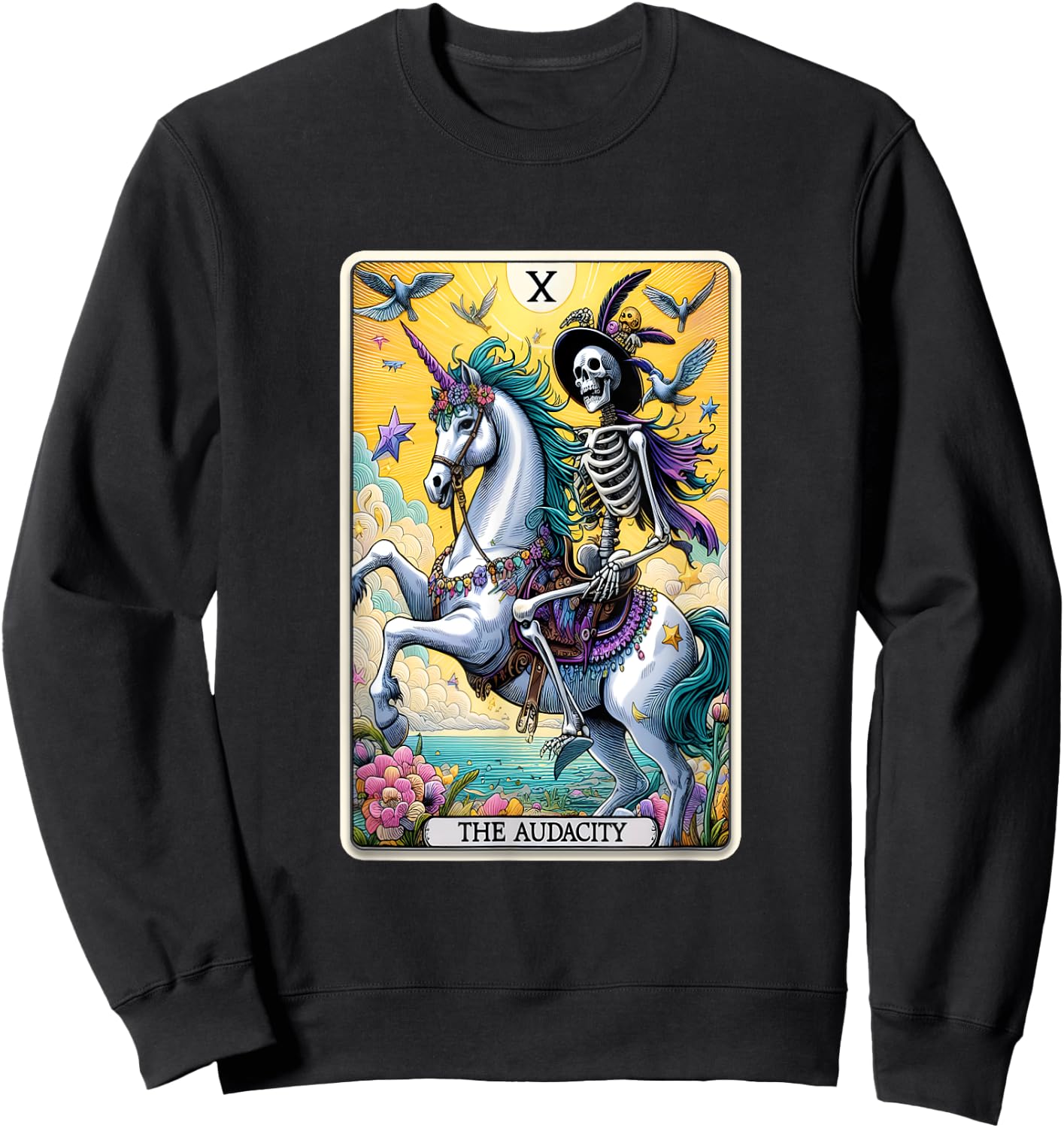 Audacity Tarot Card Sarcastic Skeleton Riding Unicorn Sweatshirt - Sweatshirt | Black