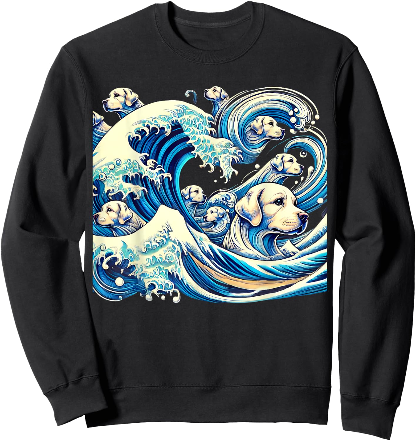 White Labrador Retriever Blue Dogs Wave Lab Puppy Japan Art Sweatshirt - Sweatshirt | Black