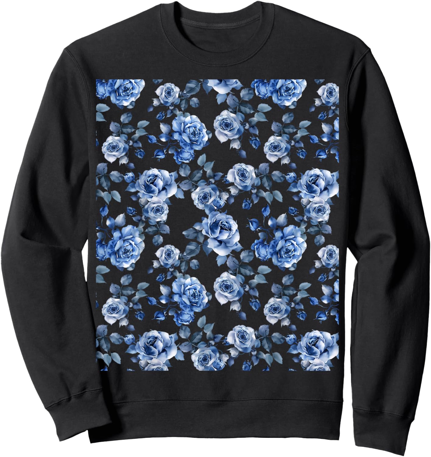 Blue and White Rose Flower Design Sweatshirt - Sweatshirt | Black