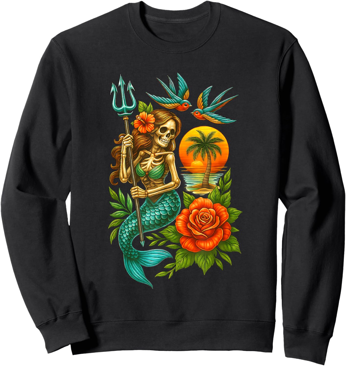 Mermaid Skeleton Traditional Tattoo OldSchool Tattoo Flash Sweatshirt - Sweatshirt | Black