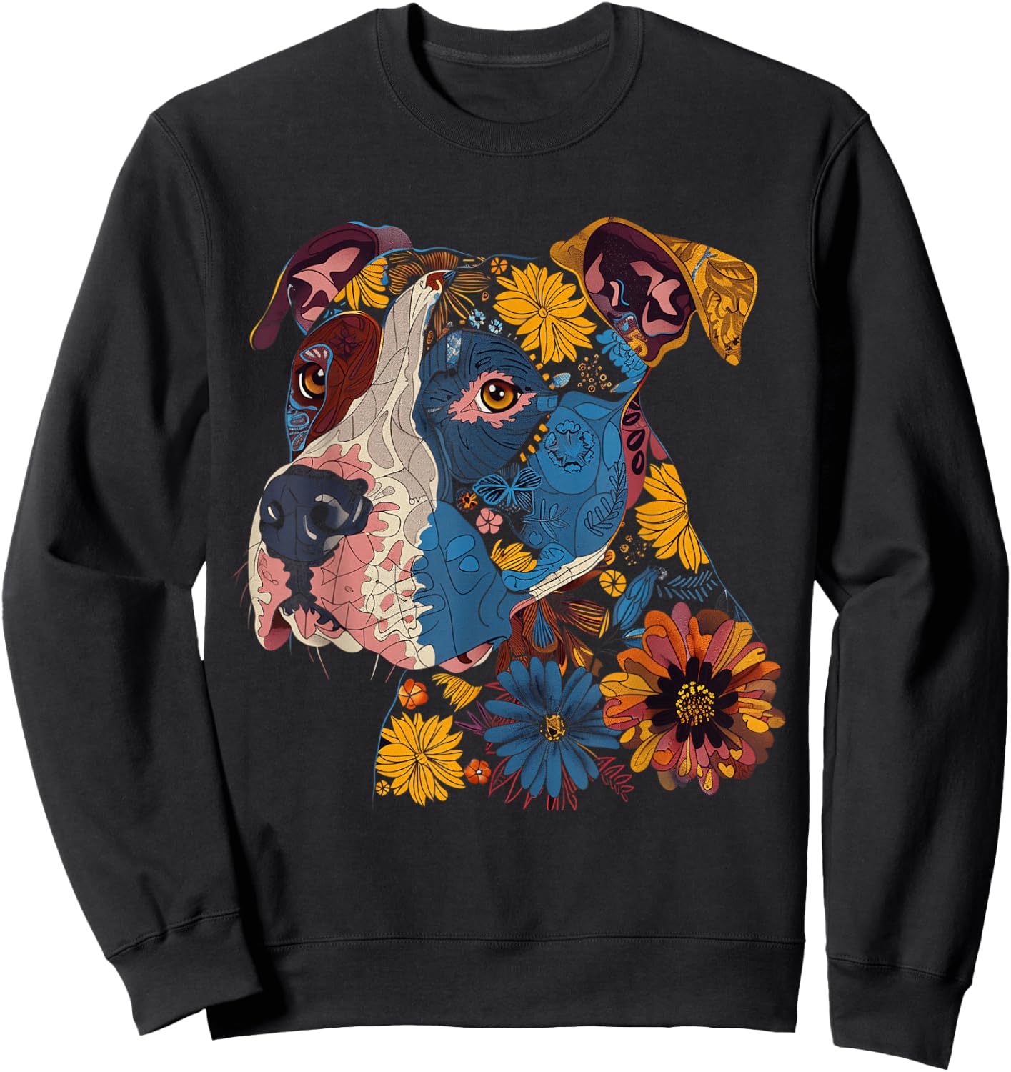 Pitbull Floral Dog Lover Vintage Flower Art Pitbull Mom Dad Sweatshirt - Sweatshirt | Black