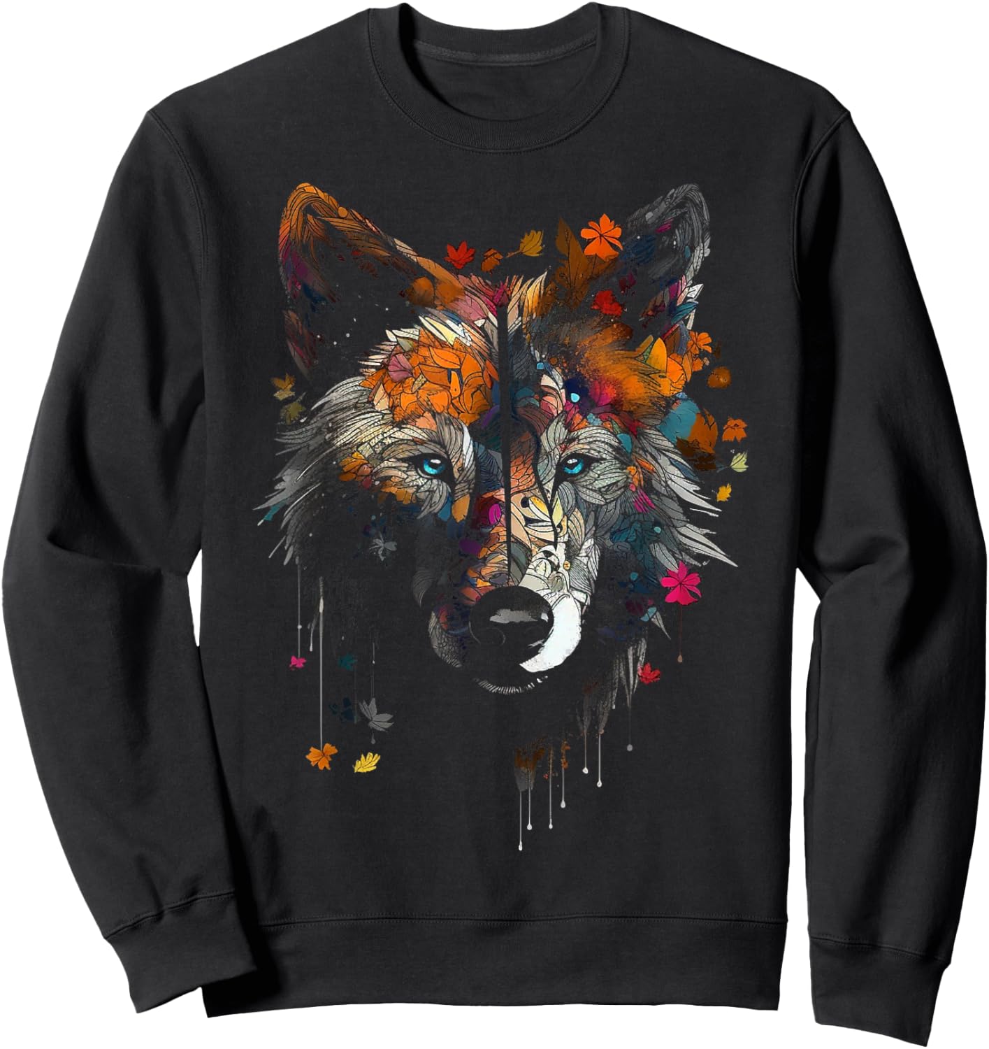 Wolf Autumn Leaves - Blue Eyes - Animal Art Motif Wolf Sweatshirt - Sweatshirt | Black