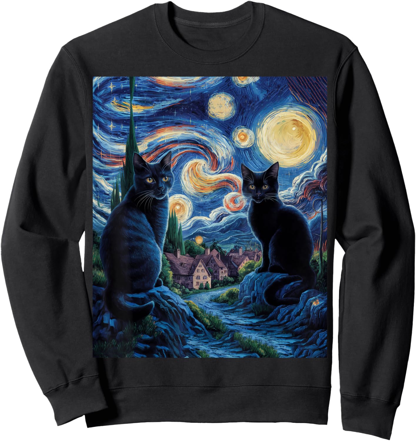 Cats Starry Night Van Gogh, For Cat Lover Cat Mom Cat Dad Sweatshirt - Sweatshirt | Black