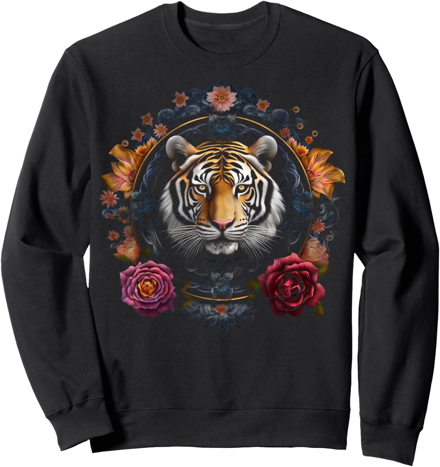 Tiger Artwork Flowers - Animal Art Tiger Sweatshirt - Sweatshirt | Black