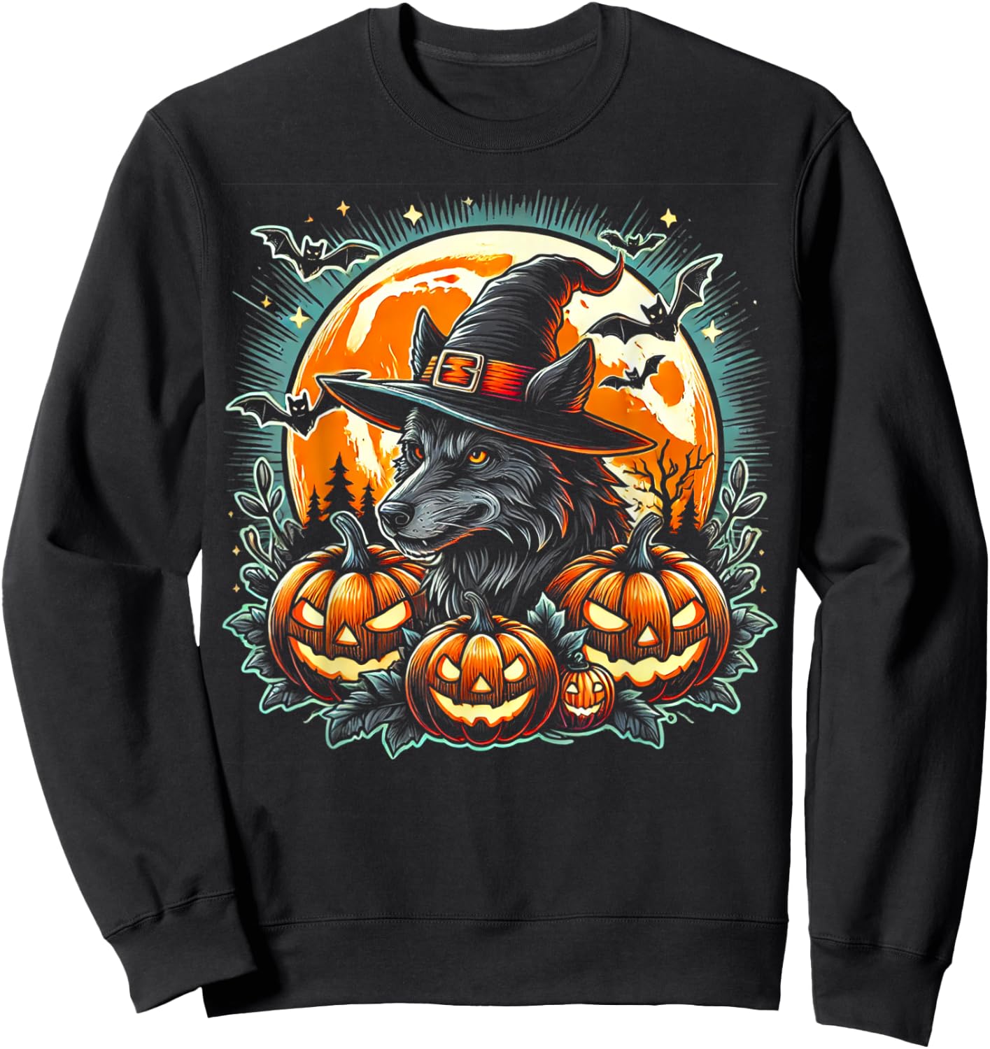 Wolf Witch Halloween - Spooky Pumpkin Art Sweatshirt - Sweatshirt | Black