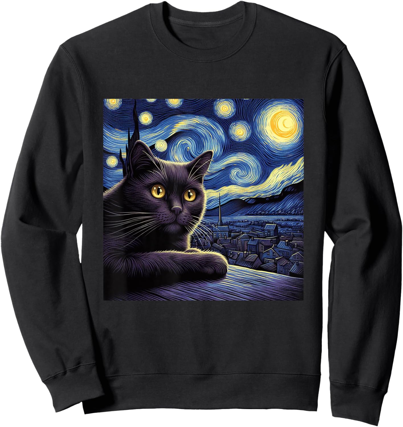 Starry Night Cat Design - Van Gogh Inspired Graphic Men Women Girls Kids Sweatshirt - Sweatshirt | Black