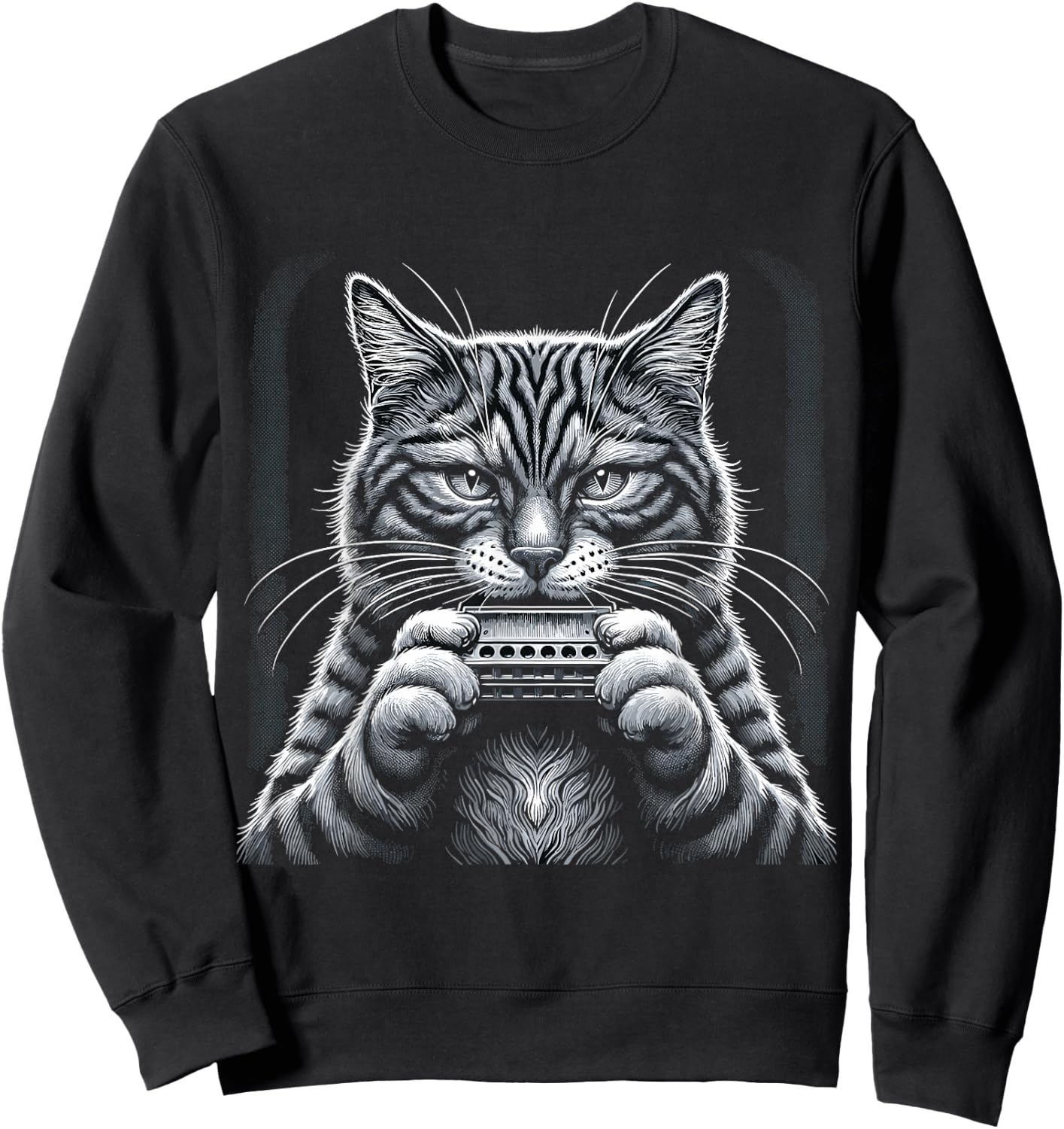 Cat Music Harmonica Player Country Folk Blues Whiskers Tabby Sweatshirt - Sweatshirt | Black
