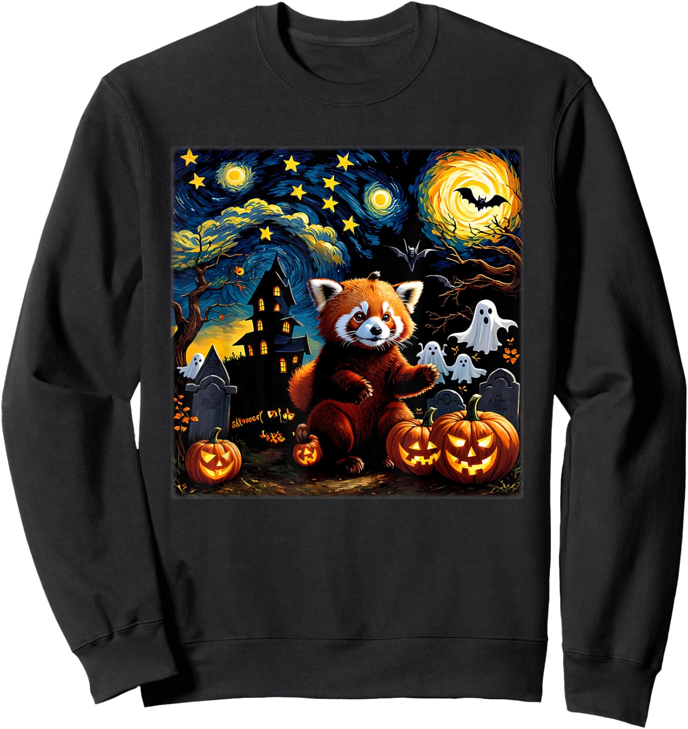 Spooky Halloween Red Panda Starry Night Sweatshirt - Sweatshirt | Black
