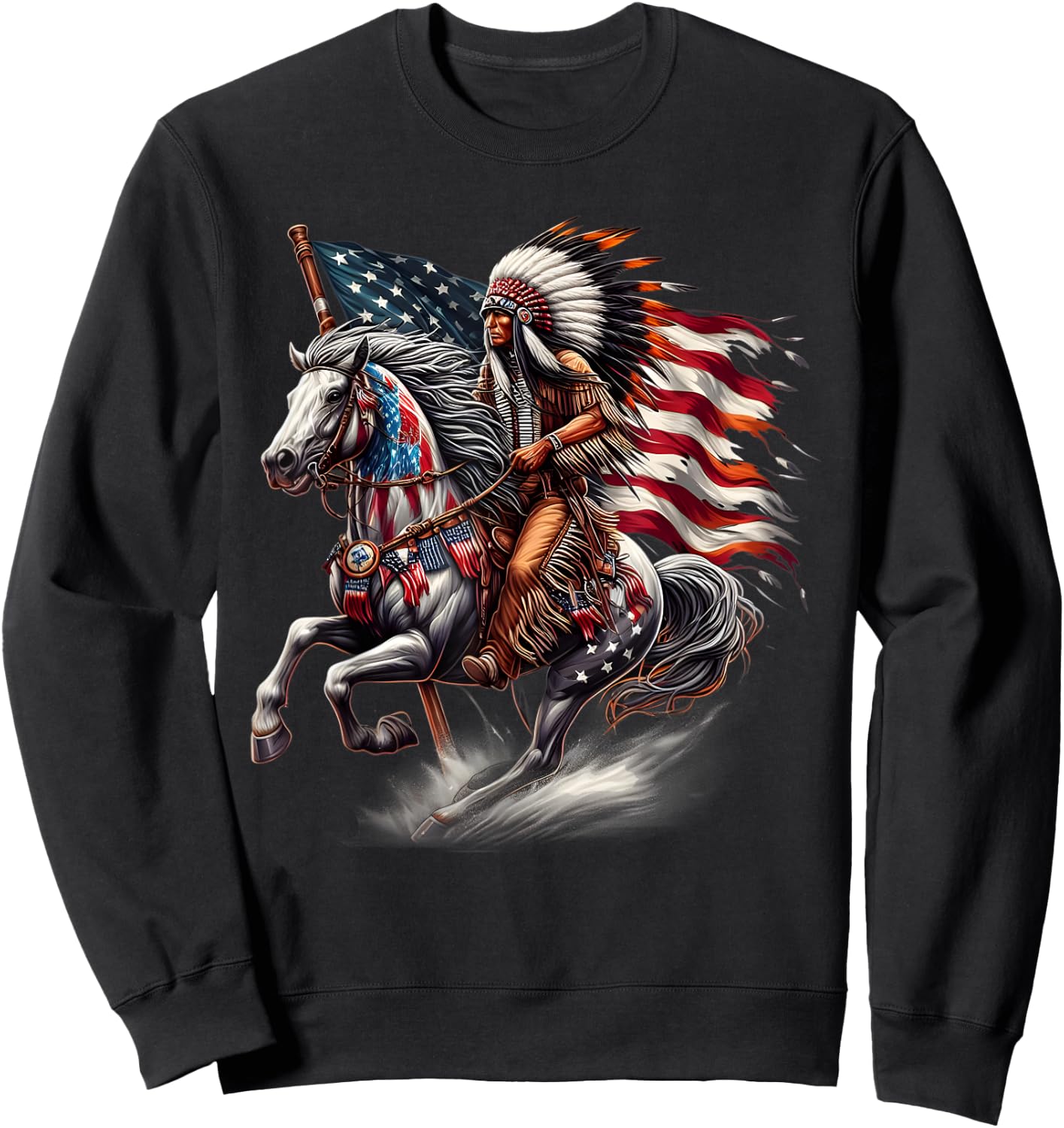 Native American Day Flag Indian Riding Horse 4th of July Sweatshirt - Sweatshirt | Black
