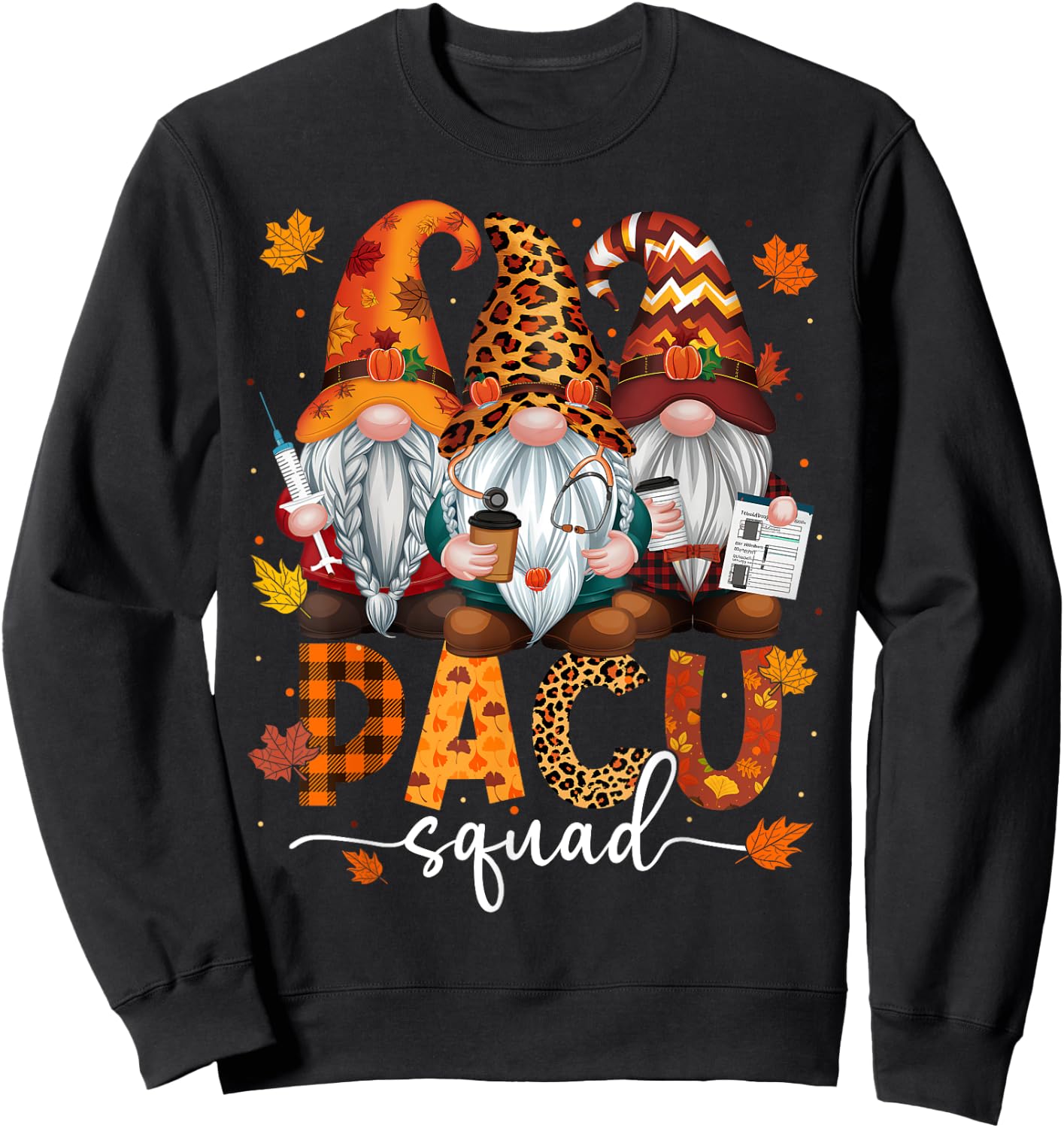 PACU Squad Gnome Nurse Leopard Thanksgiving Stethoscope Sweatshirt - Sweatshirt | Black
