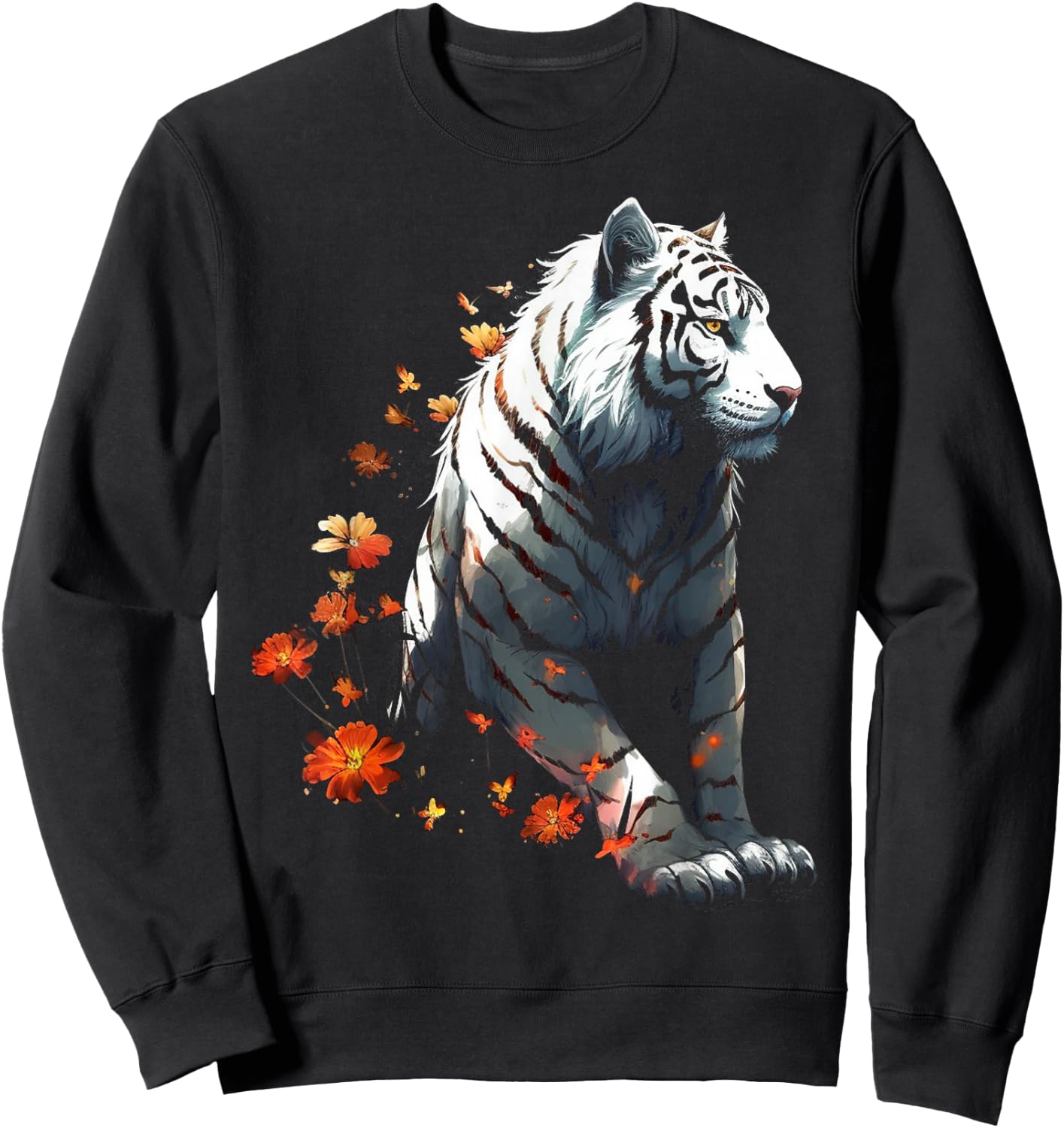 Tiger in White - Flowers Artwork - Animal Art Tiger Sweatshirt - Sweatshirt | Black