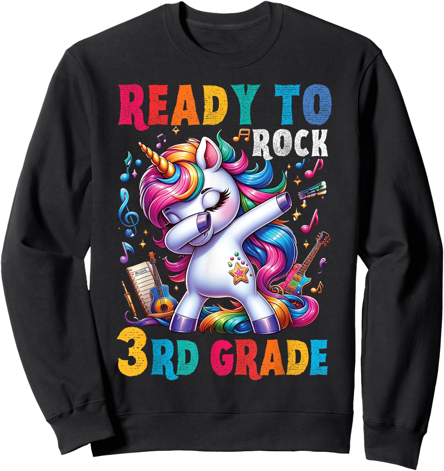 Student back to School 3rd grade Girls Musical Music Unicorn Sweatshirt - Sweatshirt | Black