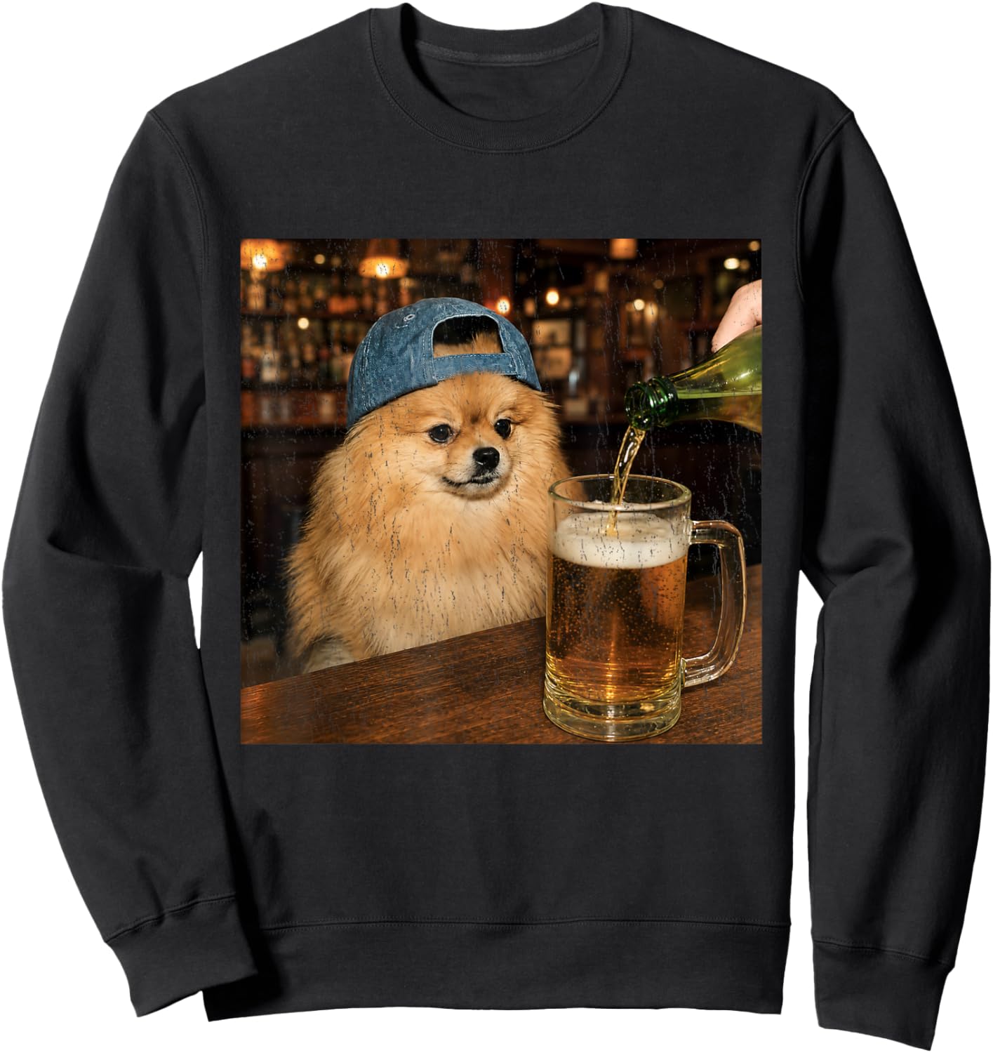 Pomeranian Drinking Beer Shirt Funny Dog Meme Art Vintage Sweatshirt - Sweatshirt | Black