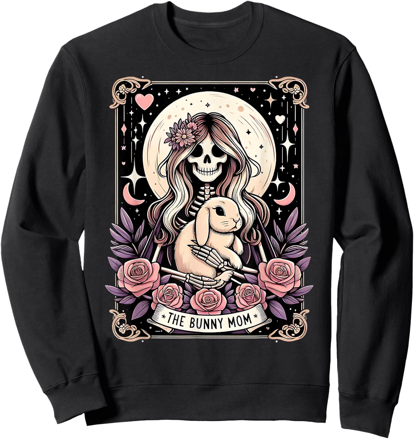Cute Bunny Mom Tarot Card Skeleton Moon with Stars Women Sweatshirt - Sweatshirt | Black