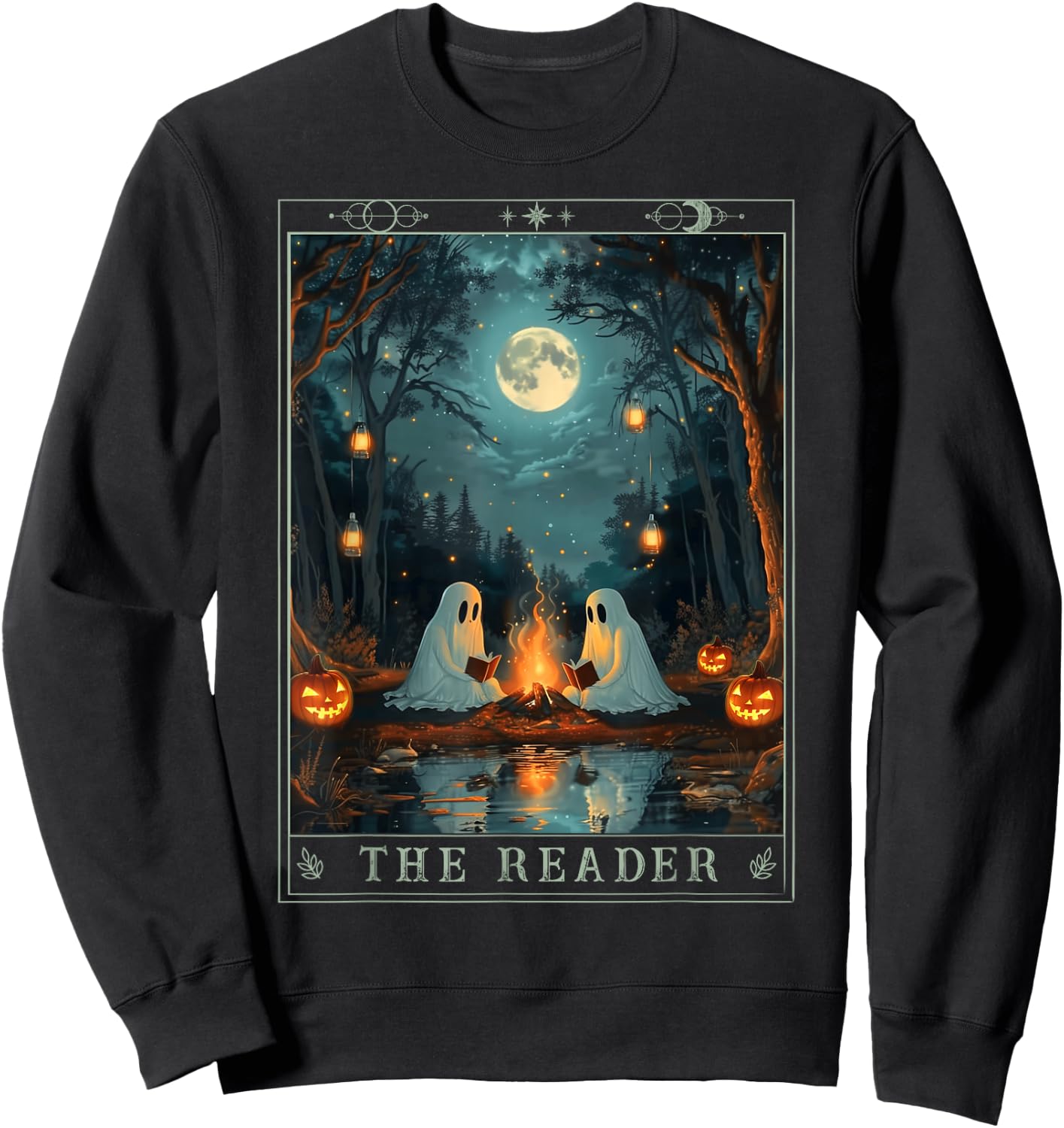 The Reader Bookish Cute Spooky Ghost Reading Book Tarot Card Sweatshirt - Sweatshirt | Black
