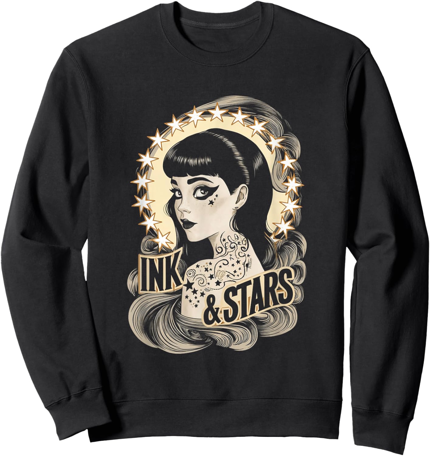Vintage Tattoo Goth Girl Ink and Stars Sweatshirt - Sweatshirt | Black